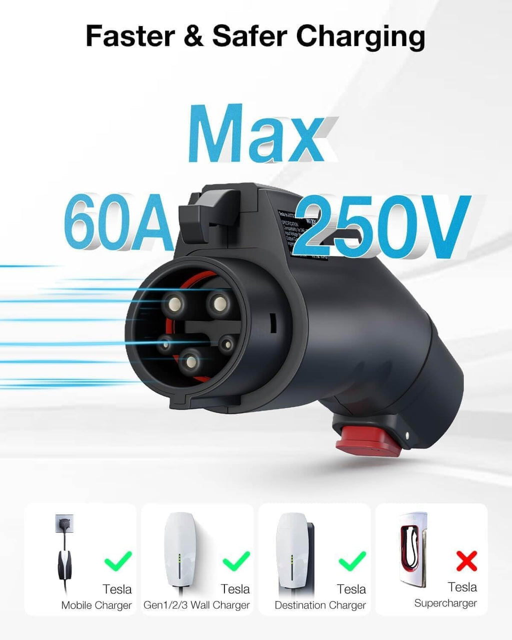 Tesla to J1772 Charging Adapter [Fit for All J1772 Evs] Max 60A 250V, Adaptive Charging Power - Compatible with Tesla Gen 1 2 3 Wall/Destination/Mobile Chargers - Black - Revved Up Tools