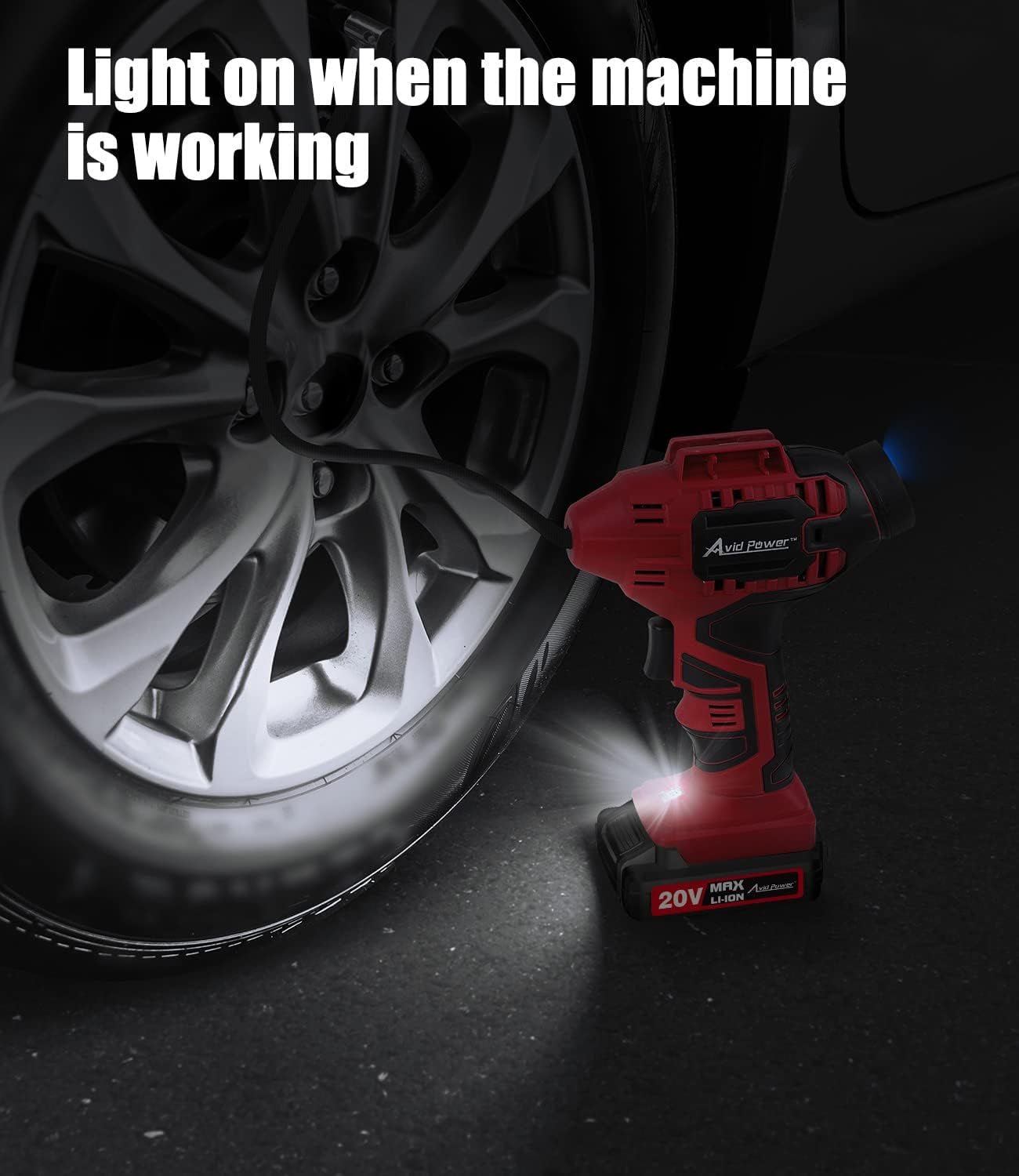 Tire Inflator Portable Air Compressor, 20V Cordless Car Tire Pump, Rechargeable Battery Powered Air Compressor W/12V DC Adapter, Digital Pressure Gauge - Revved Up Auto