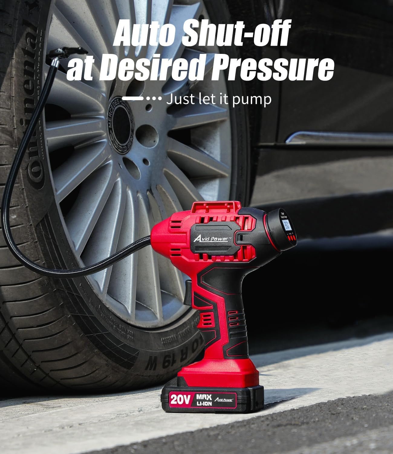 Tire Inflator Portable Air Compressor, 20V Cordless Car Tire Pump, Rechargeable Battery Powered Air Compressor W/12V DC Adapter, Digital Pressure Gauge - Revved Up Auto