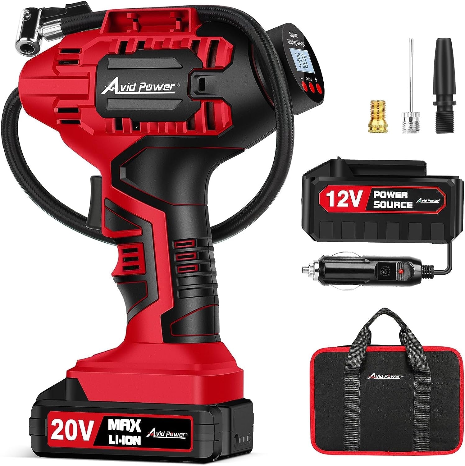 Tire Inflator Portable Air Compressor, 20V Cordless Car Tire Pump, Rechargeable Battery Powered Air Compressor W/12V DC Adapter, Digital Pressure Gauge - Revved Up Auto