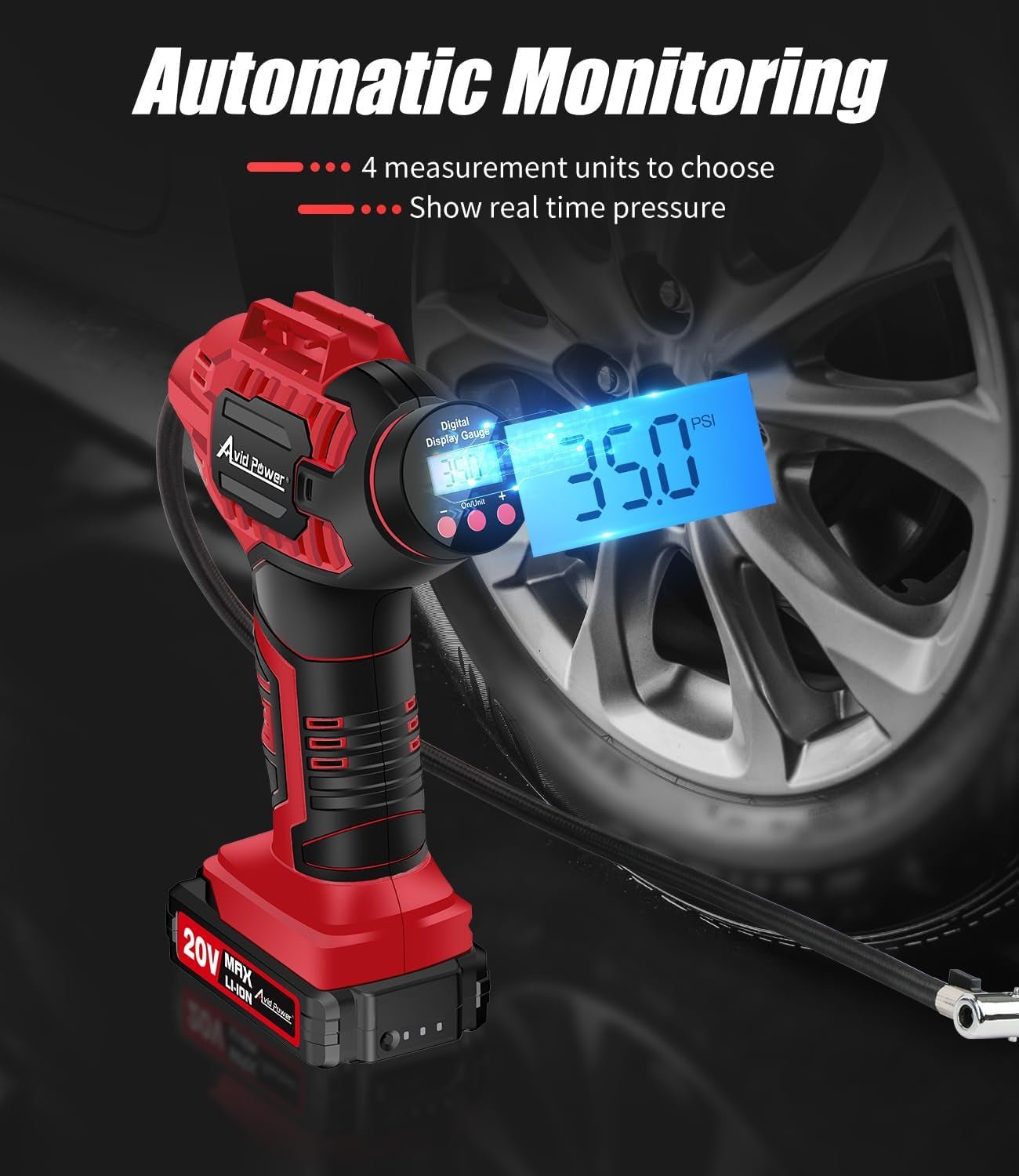 Tire Inflator Portable Air Compressor, 20V Cordless Car Tire Pump, Rechargeable Battery Powered Air Compressor W/12V DC Adapter, Digital Pressure Gauge - Revved Up Auto