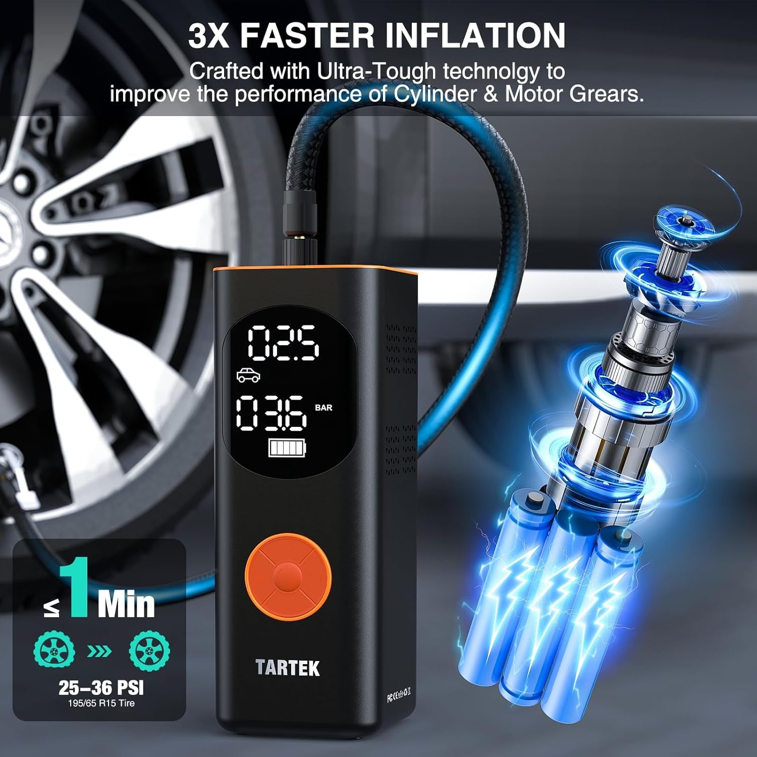 Tire Inflator Portable Air Compressor, 3X Faster Inflation, Auto Air Pump for Car Tires, 160PSI Cordless Tire Inflator with Digital Screen and Carrying Case for Car, Motorcycle, Bike, Black - Revved Up Tools
