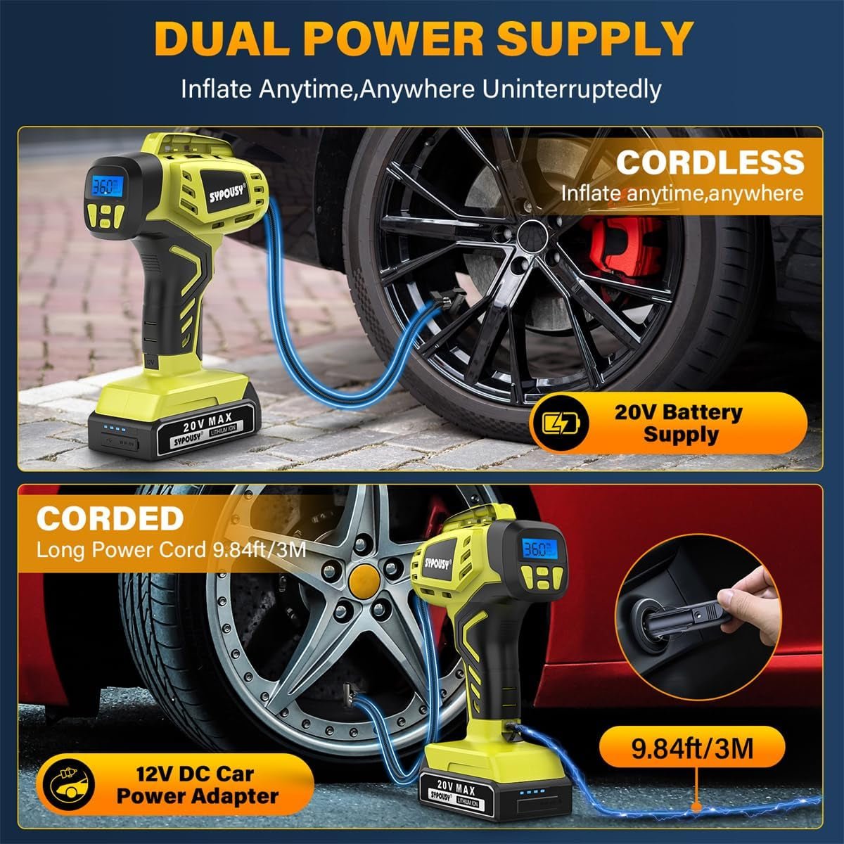 Tire Inflator Portable Air Compressor,Digital Cordless Tire Inflator,2X Faster Car Tire Pump with 20V Rechargeable Battery,Dual Power Supply Modes,Air Pump for Car Tires,E-Bike Etc. (Apple Green) - Revved Up Tools