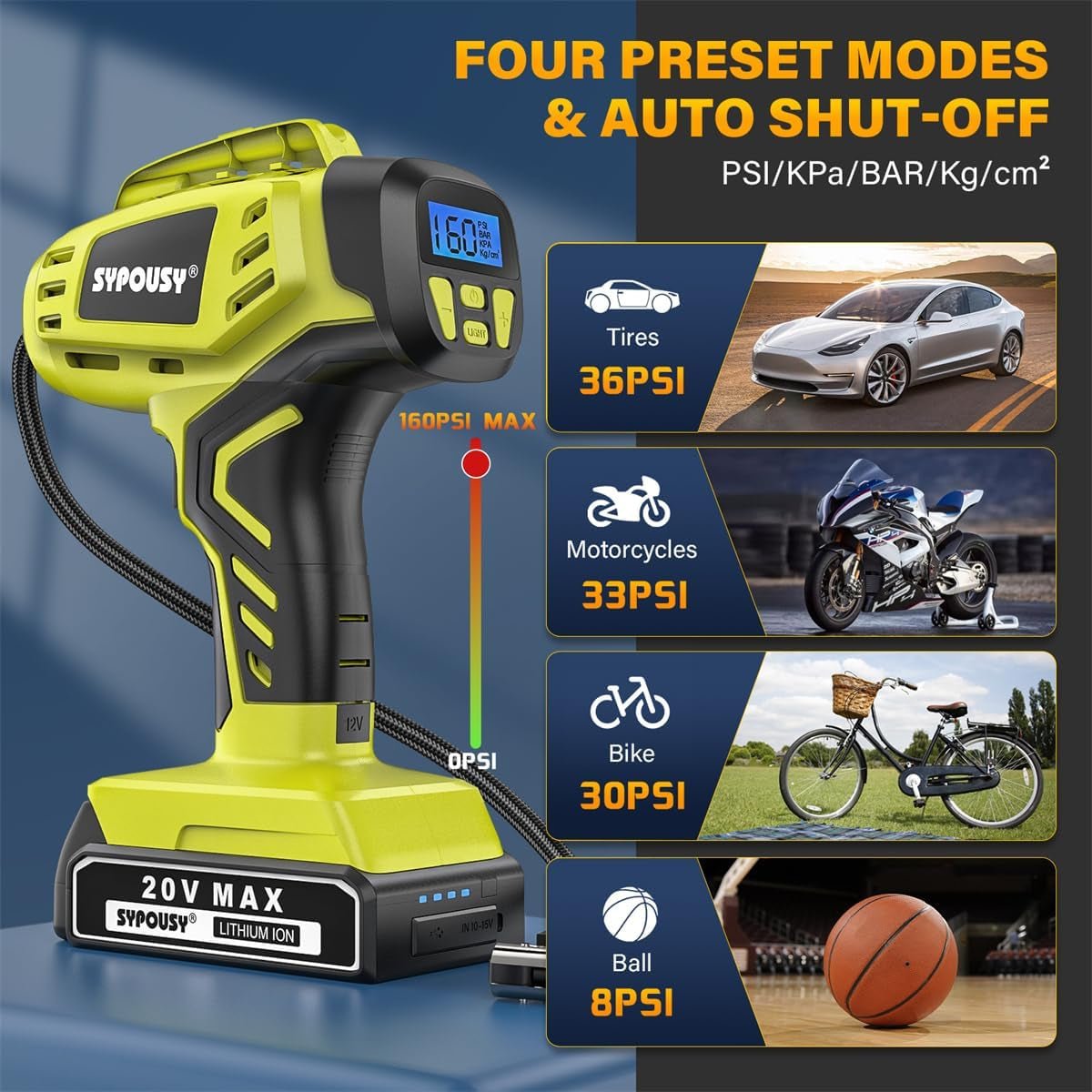 Tire Inflator Portable Air Compressor,Digital Cordless Tire Inflator,2X Faster Car Tire Pump with 20V Rechargeable Battery,Dual Power Supply Modes,Air Pump for Car Tires,E-Bike Etc. (Apple Green) - Revved Up Tools