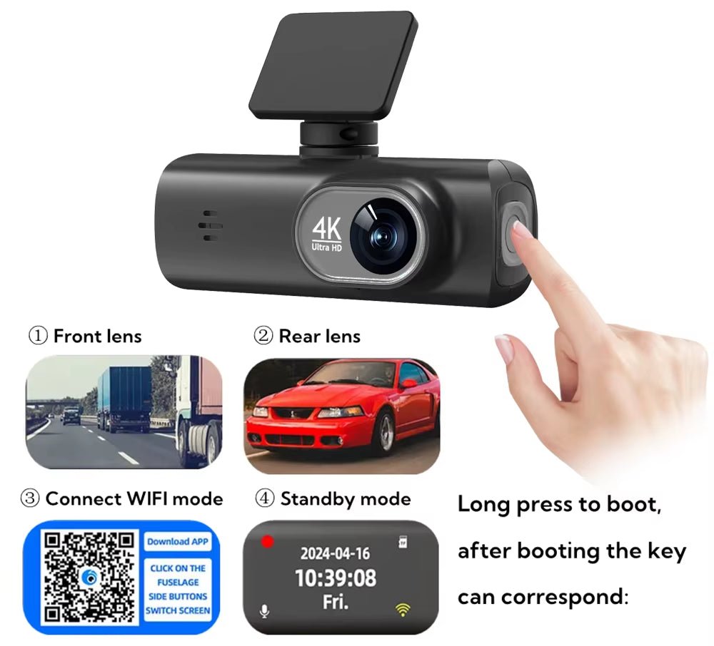 UHD 4K Dash Cam Dual Lens Driving Recorder Car DVR 1080P Rear Lens Camera Built - In Wifi GPS 24 - Hour Parking Monitoring Black Box - Revved Up Auto