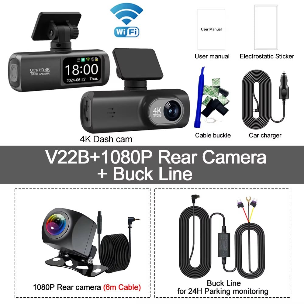 UHD 4K Dash Cam Dual Lens Driving Recorder Car DVR 1080P Rear Lens Camera Built - In Wifi GPS 24 - Hour Parking Monitoring Black Box - Revved Up Auto