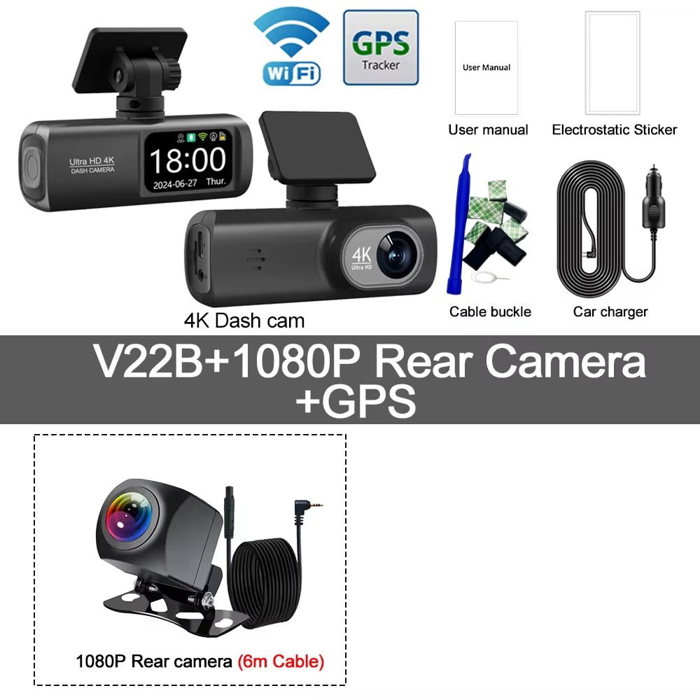 UHD 4K Dash Cam Dual Lens Driving Recorder Car DVR 1080P Rear Lens Camera Built - In Wifi GPS 24 - Hour Parking Monitoring Black Box - Revved Up Auto