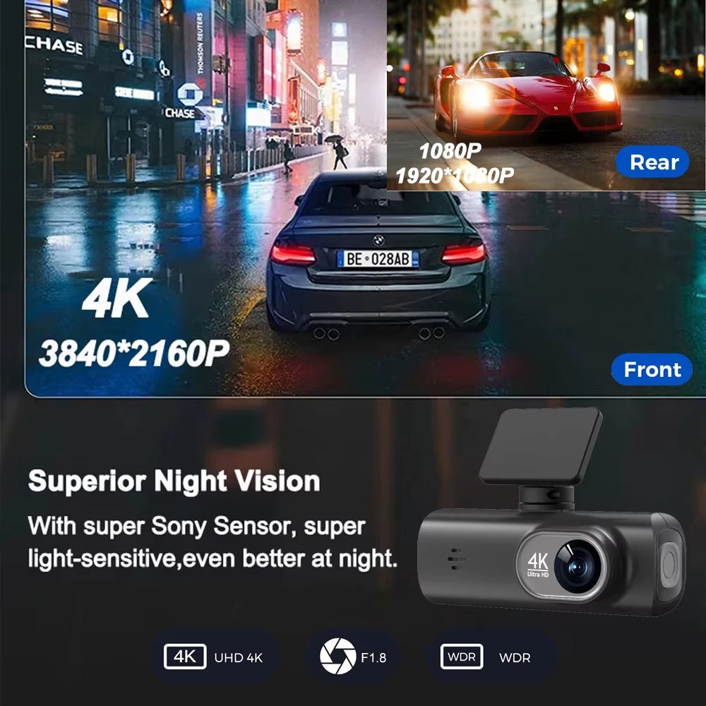 UHD 4K Dash Cam Dual Lens Driving Recorder Car DVR 1080P Rear Lens Camera Built - In Wifi GPS 24 - Hour Parking Monitoring Black Box - Revved Up Auto