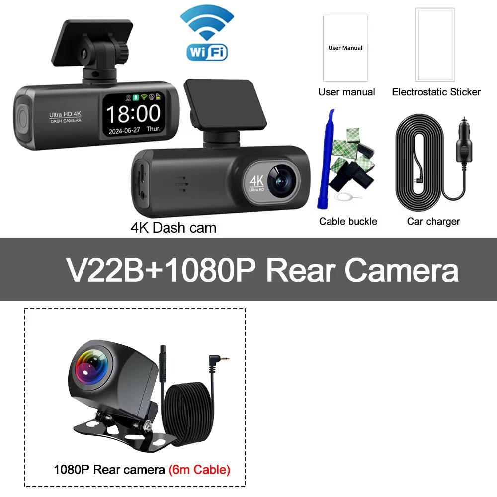 UHD 4K Dash Cam Dual Lens Driving Recorder Car DVR 1080P Rear Lens Camera Built - In Wifi GPS 24 - Hour Parking Monitoring Black Box - Revved Up Auto