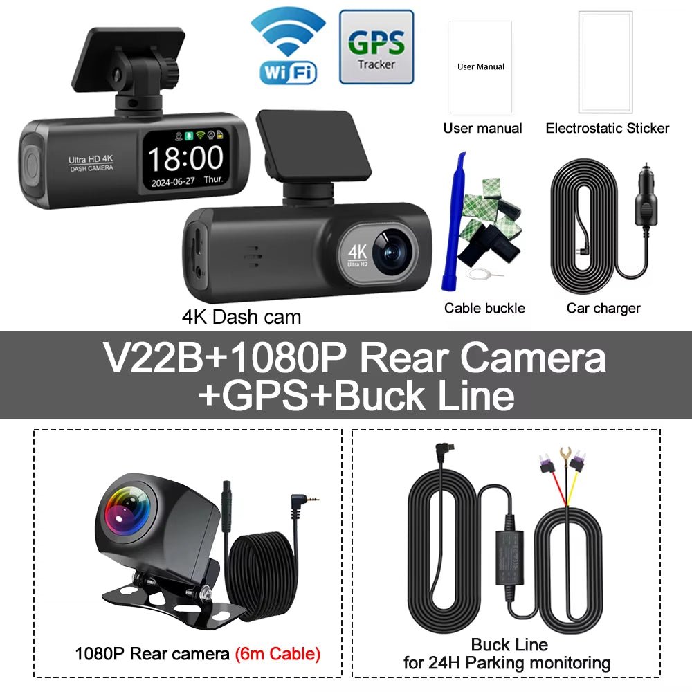 UHD 4K Dash Cam Dual Lens Driving Recorder Car DVR 1080P Rear Lens Camera Built - In Wifi GPS 24 - Hour Parking Monitoring Black Box - Revved Up Auto