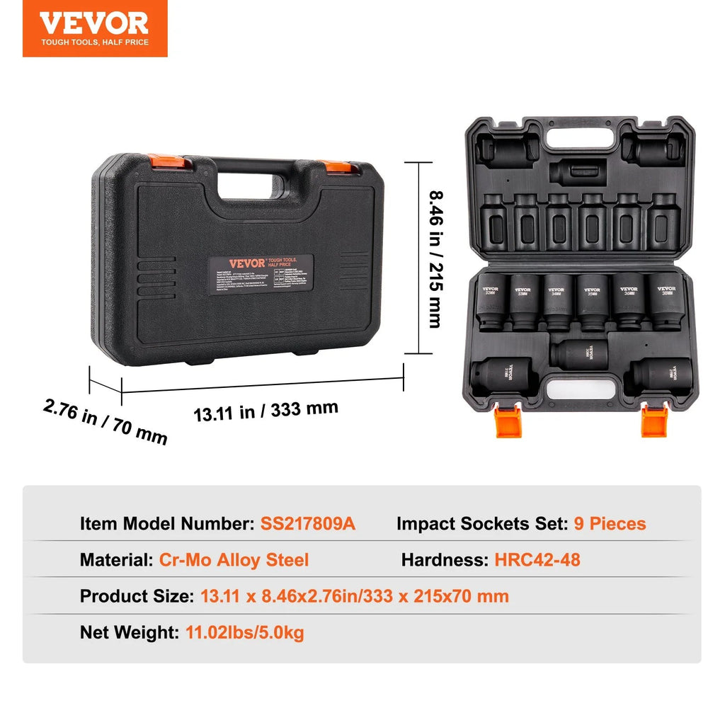 VEVOR 1/2 Drive Impact Socket Set, 9 Piece Deep Socket Set Metric 29-38Mm, 6 Point Cr-Mo Alloy Steel for Auto Repair, Easy-To-Read Size Markings, Rugged Construction, Includes Storage Case - Revved Up Tools