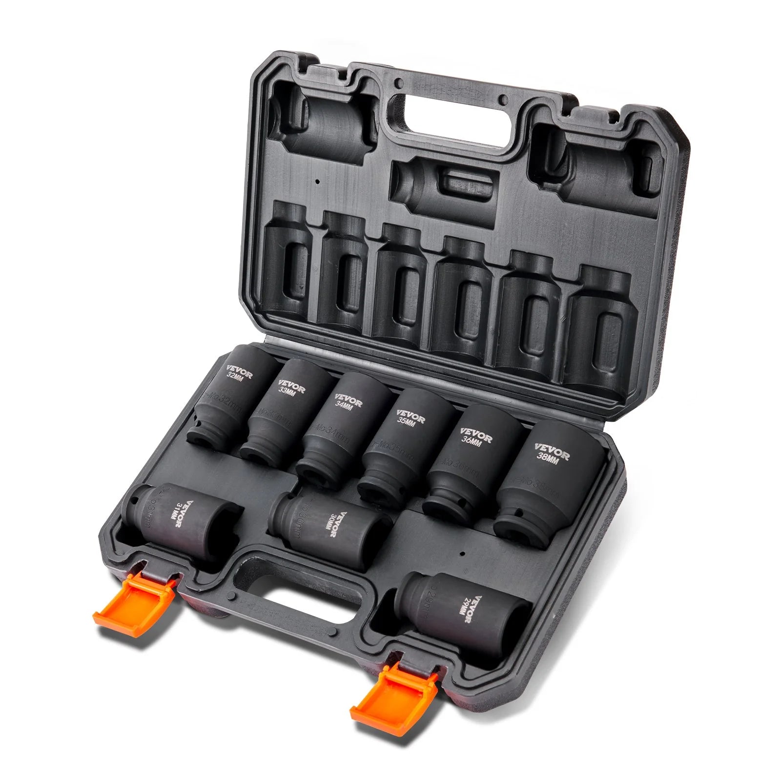 VEVOR 1/2 Drive Impact Socket Set, 9 Piece Deep Socket Set Metric 29-38Mm, 6 Point Cr-Mo Alloy Steel for Auto Repair, Easy-To-Read Size Markings, Rugged Construction, Includes Storage Case - Revved Up Tools