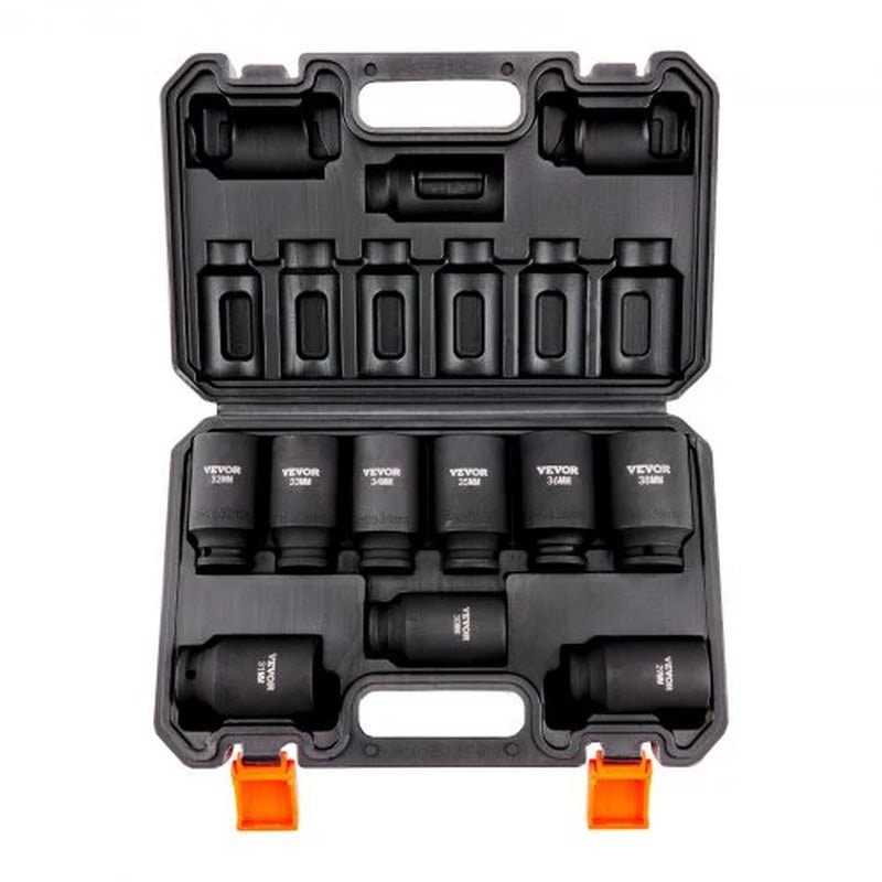 VEVOR 1/2 Drive Impact Socket Set, 9 Piece Deep Socket Set Metric 29-38Mm, 6 Point Cr-Mo Alloy Steel for Auto Repair, Easy-To-Read Size Markings, Rugged Construction, Includes Storage Case - Revved Up Tools