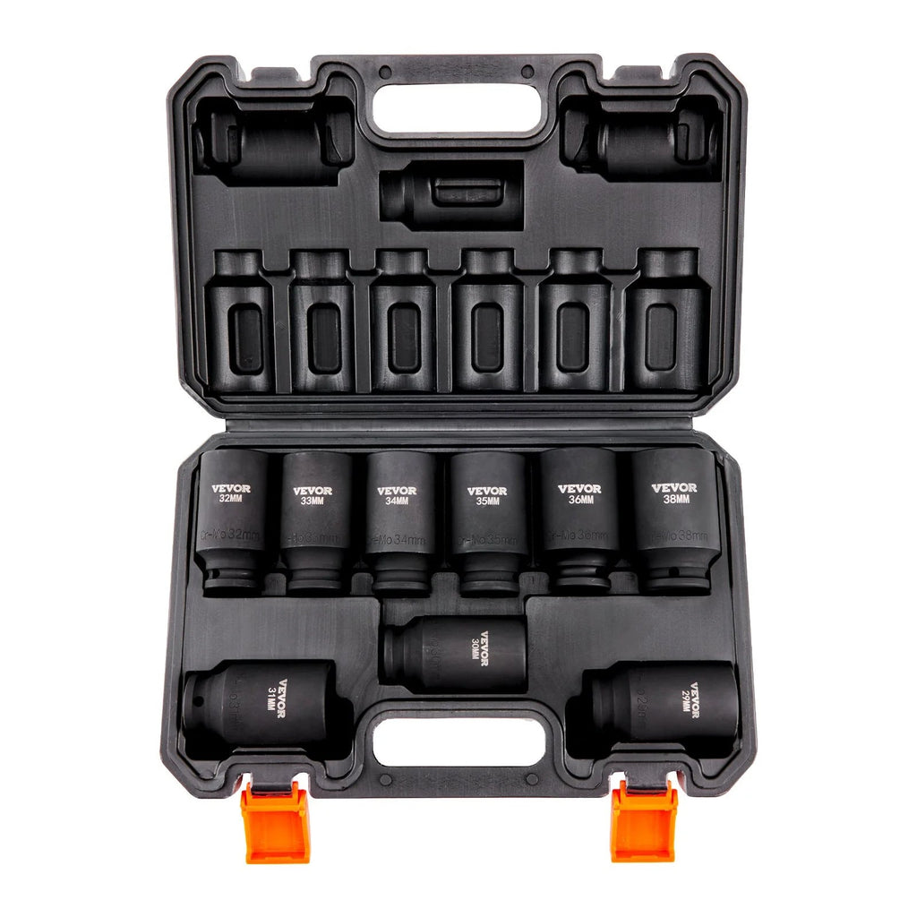 VEVOR 1/2 Drive Impact Socket Set, 9 Piece Deep Socket Set Metric 29-38Mm, 6 Point Cr-Mo Alloy Steel for Auto Repair, Easy-To-Read Size Markings, Rugged Construction, Includes Storage Case - Revved Up Tools