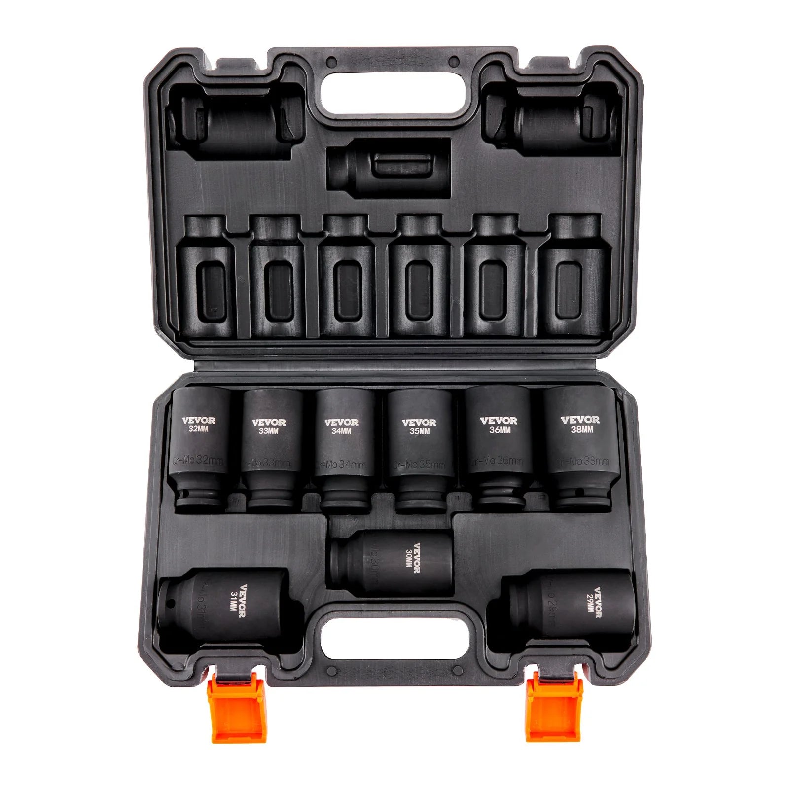 VEVOR 1/2 Drive Impact Socket Set, 9 Piece Deep Socket Set Metric 29-38Mm, 6 Point Cr-Mo Alloy Steel for Auto Repair, Easy-To-Read Size Markings, Rugged Construction, Includes Storage Case - Revved Up Tools