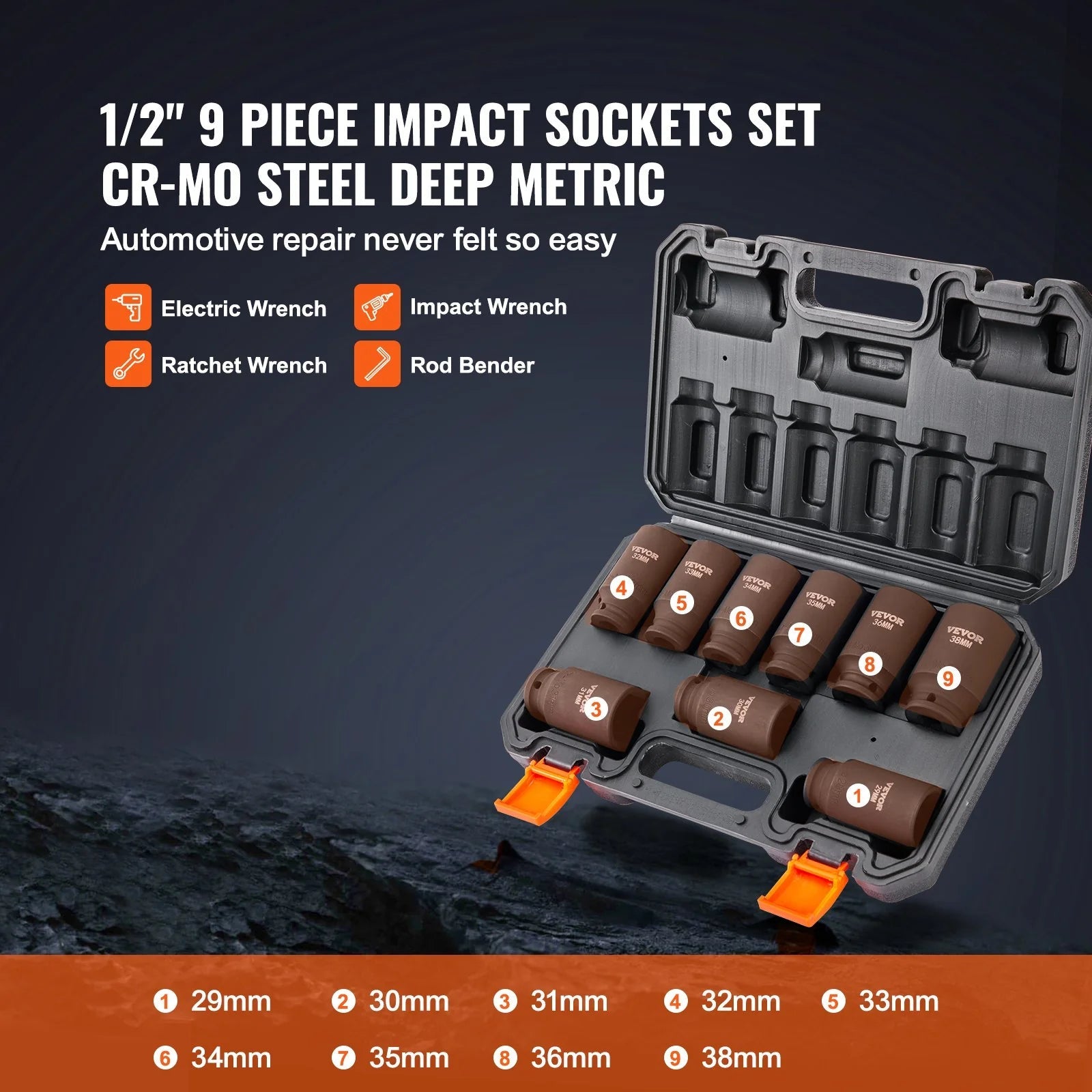 VEVOR 1/2 Drive Impact Socket Set, 9 Piece Deep Socket Set Metric 29-38Mm, 6 Point Cr-Mo Alloy Steel for Auto Repair, Easy-To-Read Size Markings, Rugged Construction, Includes Storage Case - Revved Up Tools
