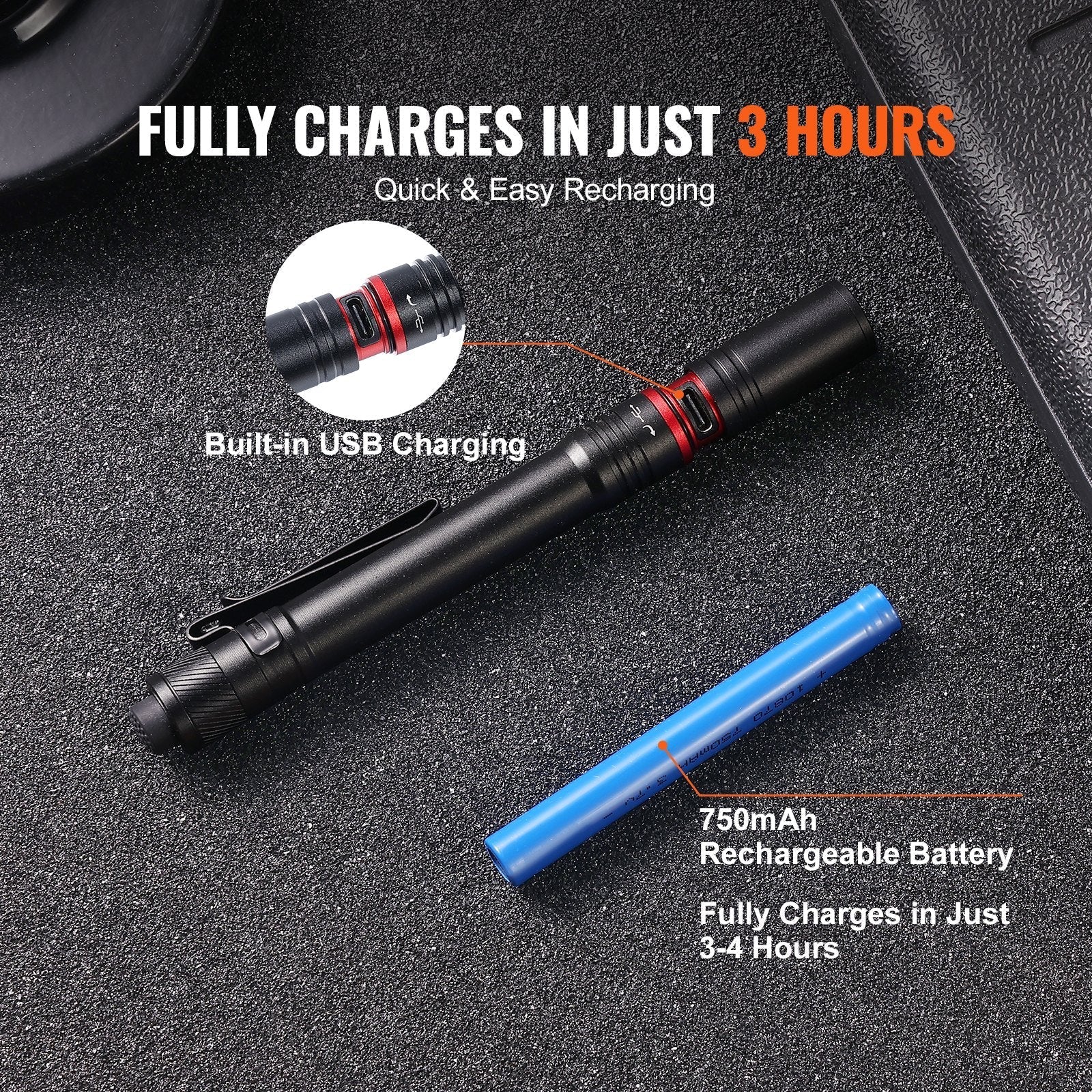 VEVOR 5.9 Inch Rechargeable Penlight 300 Lumens 3 Lighting Modes Pocket Penlight - Revved Up Auto