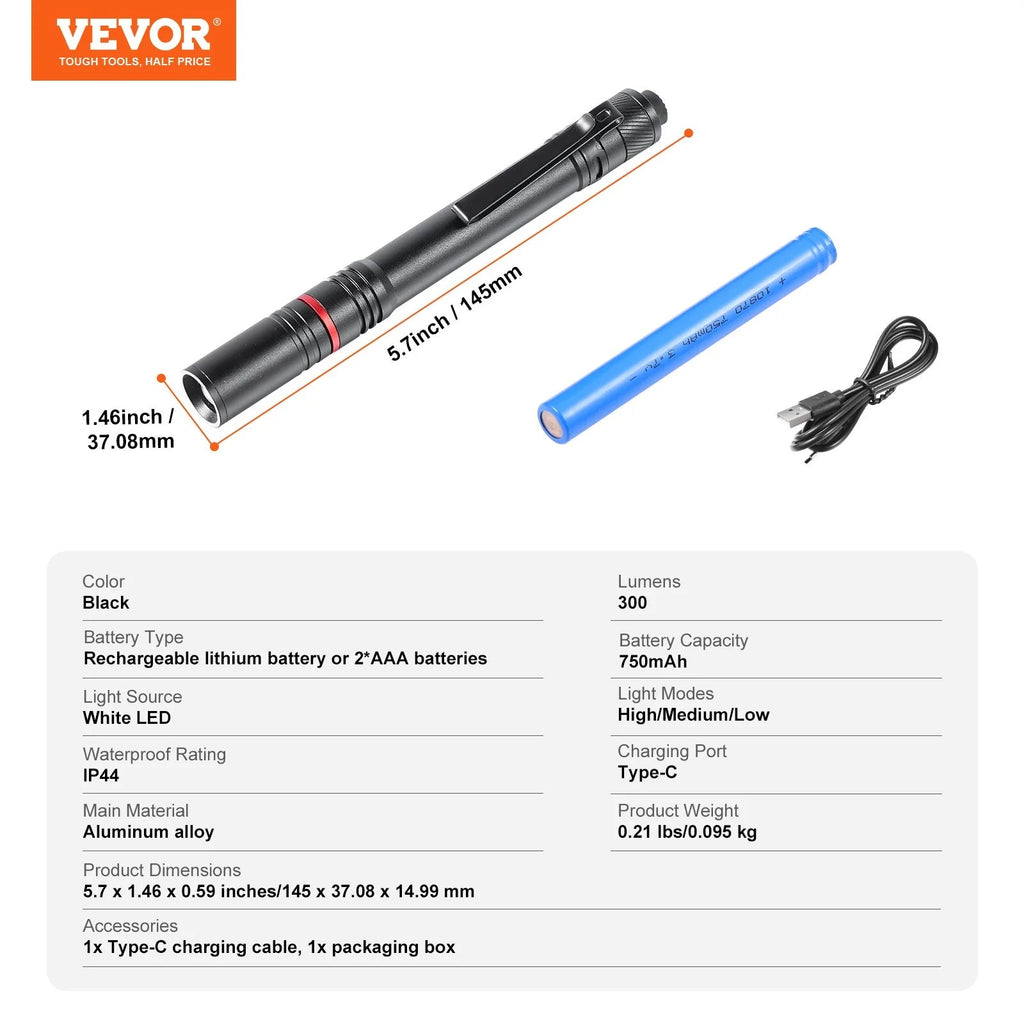 VEVOR 5.9 Inch Rechargeable Penlight 300 Lumens 3 Lighting Modes Pocket Penlight - Revved Up Auto