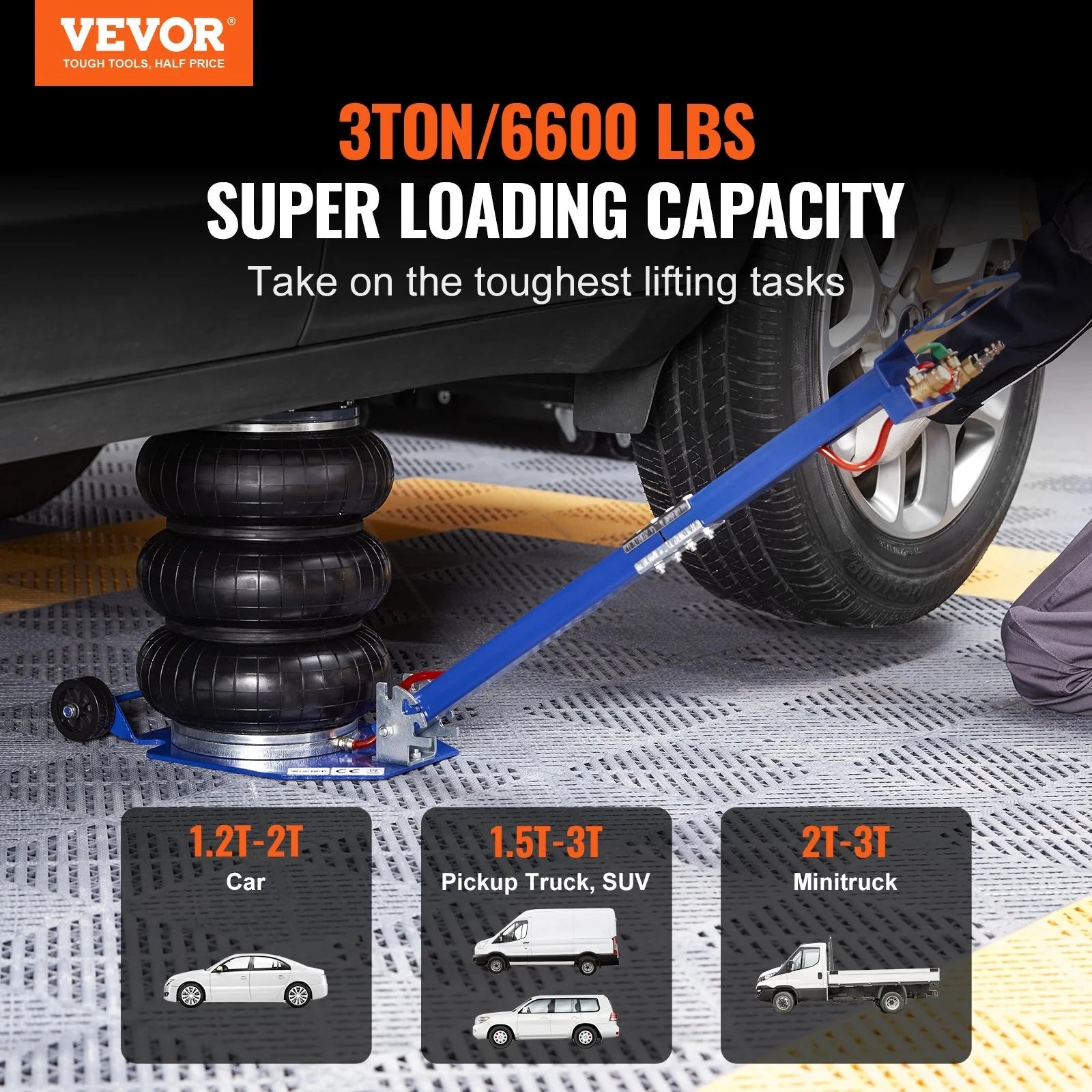 VEVOR Air Jack, 3 Ton/6600 Lbs Triple Bag Air Jack, Airbag Jack with Six Steel Pipes, Lift up to 17.7, 3-5 S Fast Lifting Pneumatic Jack, with Adjustable Long Handles for Cars, Garages, Repair (Blue) - Revved Up Tools