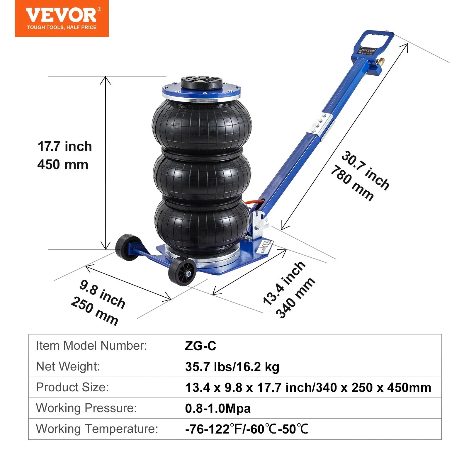 VEVOR Air Jack, 3 Ton/6600 Lbs Triple Bag Air Jack, Airbag Jack with Six Steel Pipes, Lift up to 17.7, 3-5 S Fast Lifting Pneumatic Jack, with Adjustable Long Handles for Cars, Garages, Repair (Blue) - Revved Up Tools