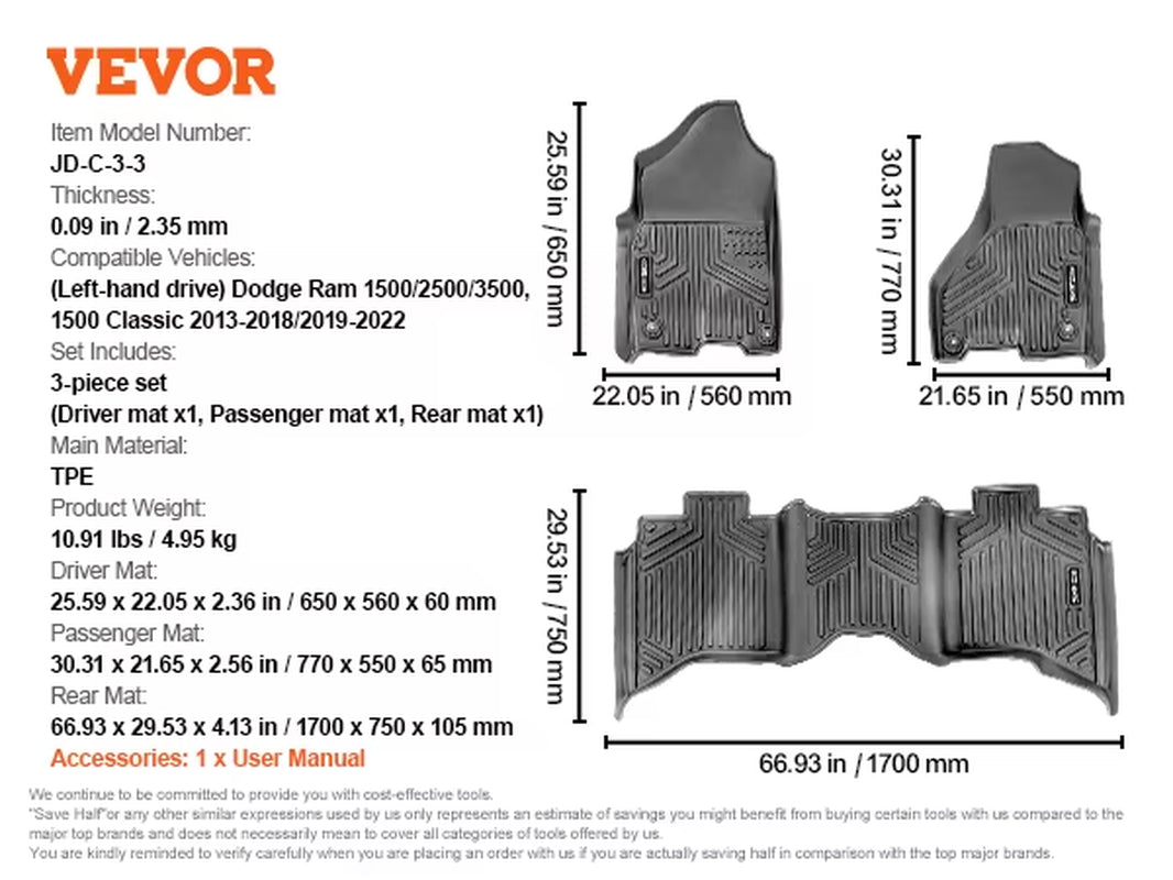 VEVOR Automotive Floor Mats Fits for Dodge Ram 1500/2500/3500 3 Pcs Front and 2Nd Row Liners, Floor Mats Liners for Truck, Black - Revved Up Auto