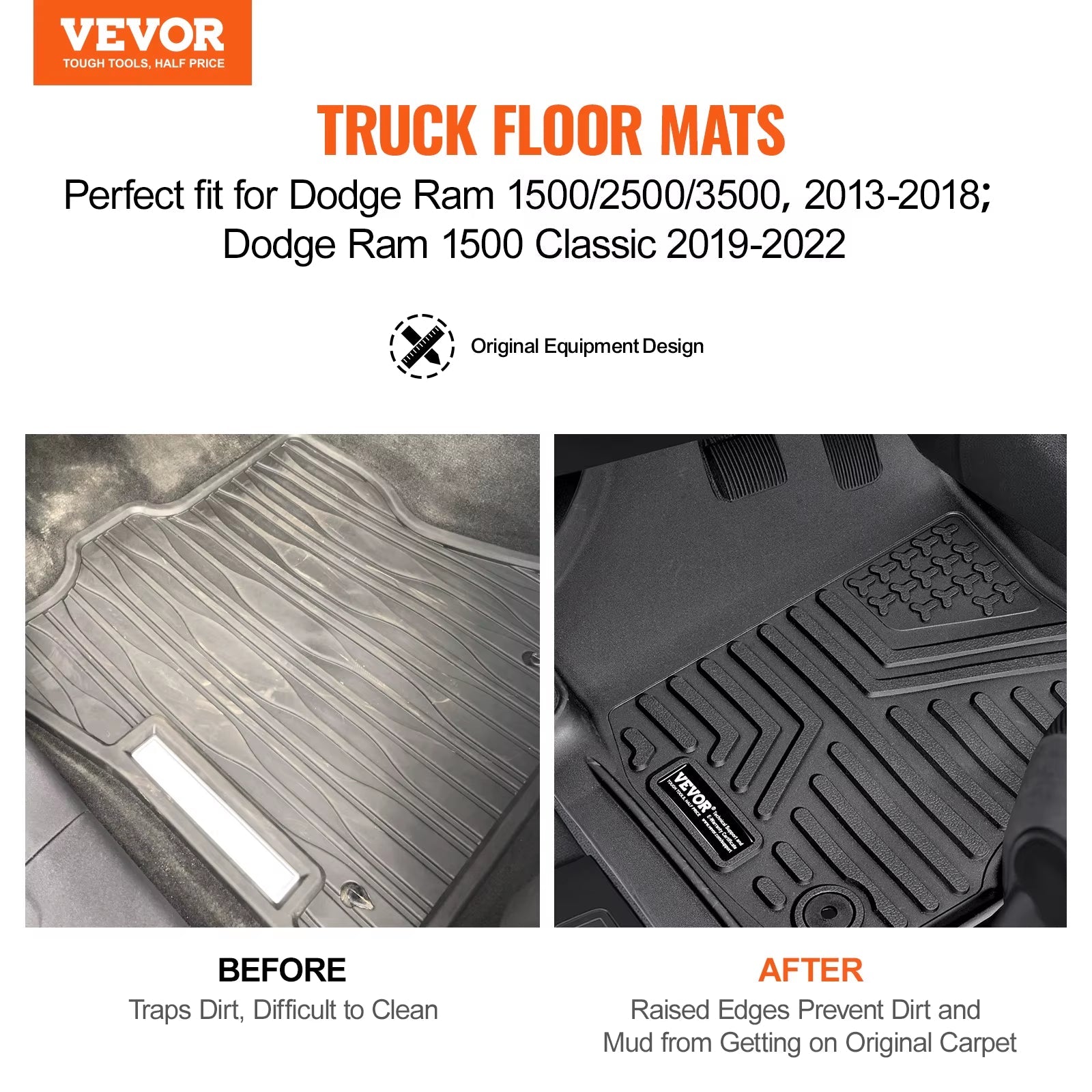 VEVOR Automotive Floor Mats Fits for Dodge Ram 1500/2500/3500 3 Pcs Front and 2Nd Row Liners, Floor Mats Liners for Truck, Black - Revved Up Auto