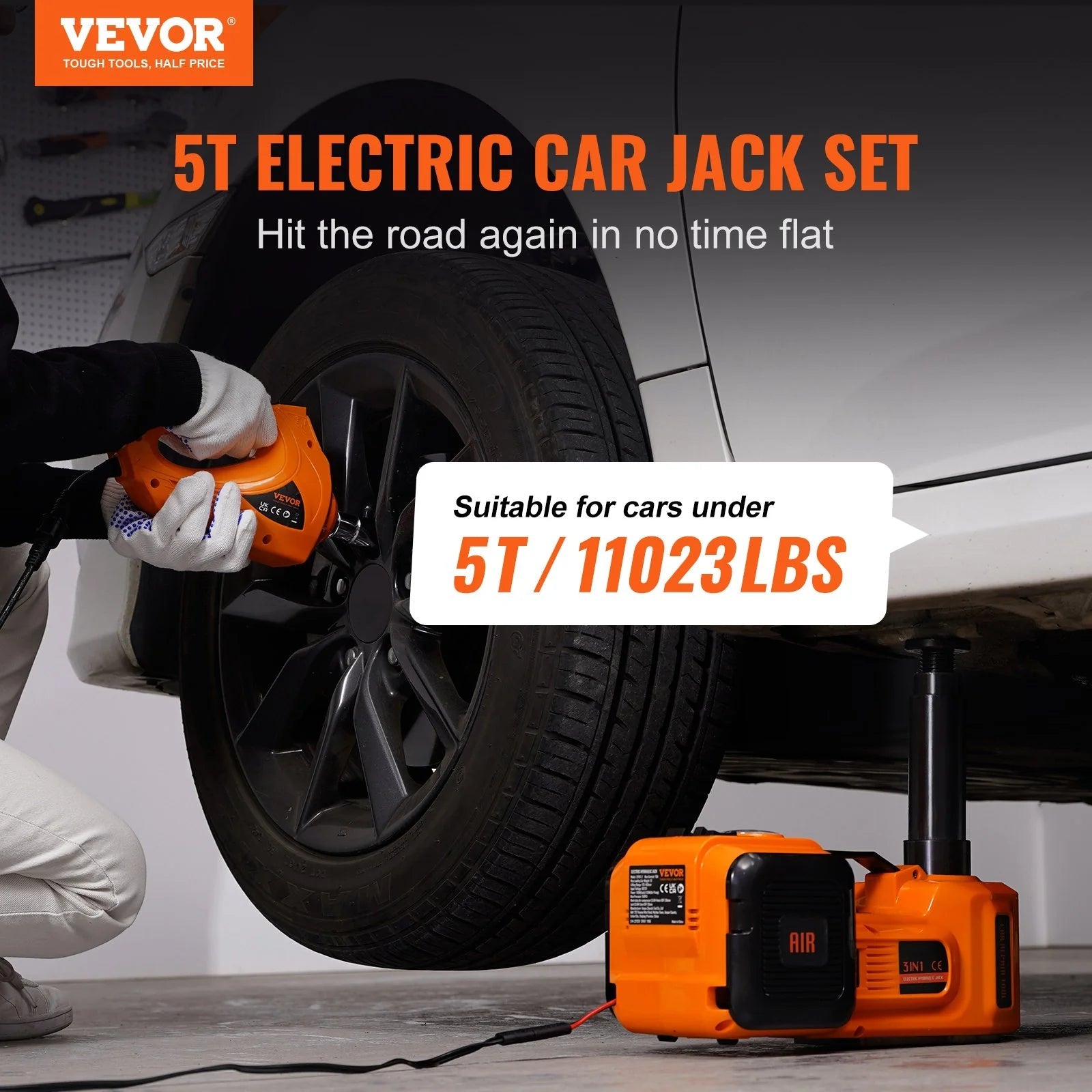 VEVOR Electric Car Jack, 5 Ton/11023 LBS Hydraulic Jack with Electric Impact Wrench, Portable Car Lift with Built - In Inflatable Pump, and LED Light for SUV MPV Sedan Truck Change Tires Garage Repair - Revved Up Auto