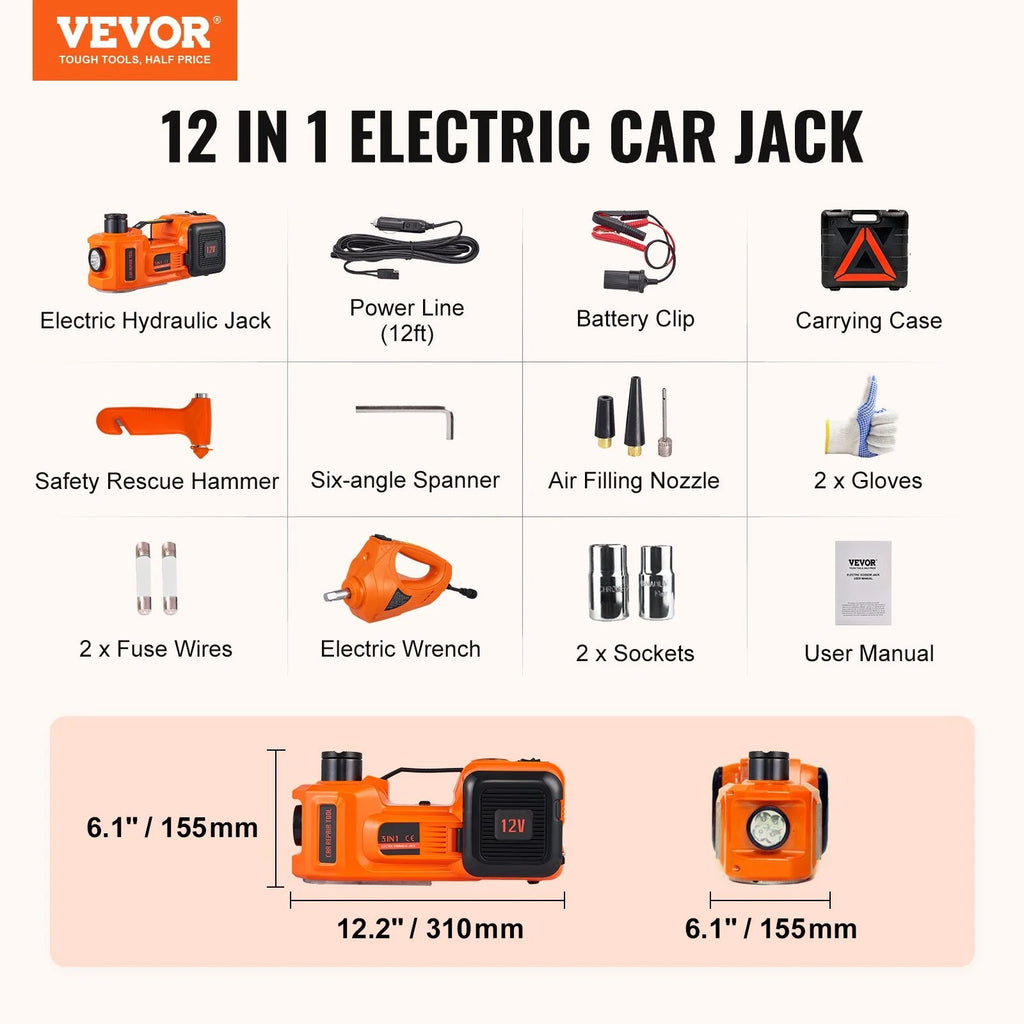 VEVOR Electric Car Jack, 5 Ton/11023 LBS Hydraulic Jack with Electric Impact Wrench, Portable Car Lift with Built - In Inflatable Pump, and LED Light for SUV MPV Sedan Truck Change Tires Garage Repair - Revved Up Auto