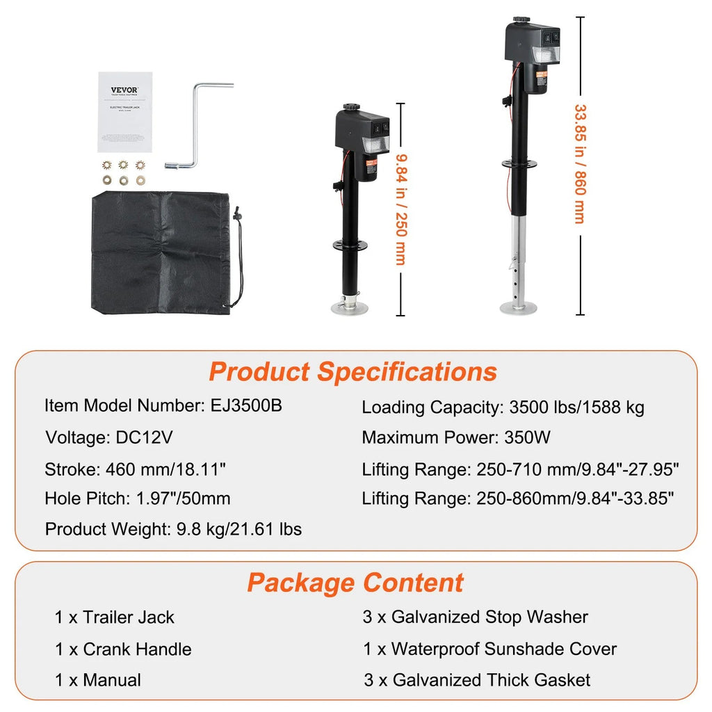 VEVOR Electric Trailer Jack, Power Tongue Jack Weight Capacity 3500 Lbs, 9.84 - 33.85 Electric Tongue Jack with Waterproof Cover for Lifting RV Trailer, Horse Trailer, Utility Trailer, Yacht Trailer - Revved Up Auto