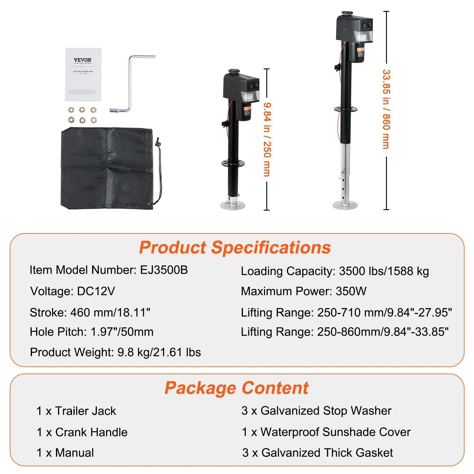 VEVOR Electric Trailer Jack, Power Tongue Jack Weight Capacity 3500 Lbs, 9.84 - 33.85 Electric Tongue Jack with Waterproof Cover for Lifting RV Trailer, Horse Trailer, Utility Trailer, Yacht Trailer - Revved Up Auto