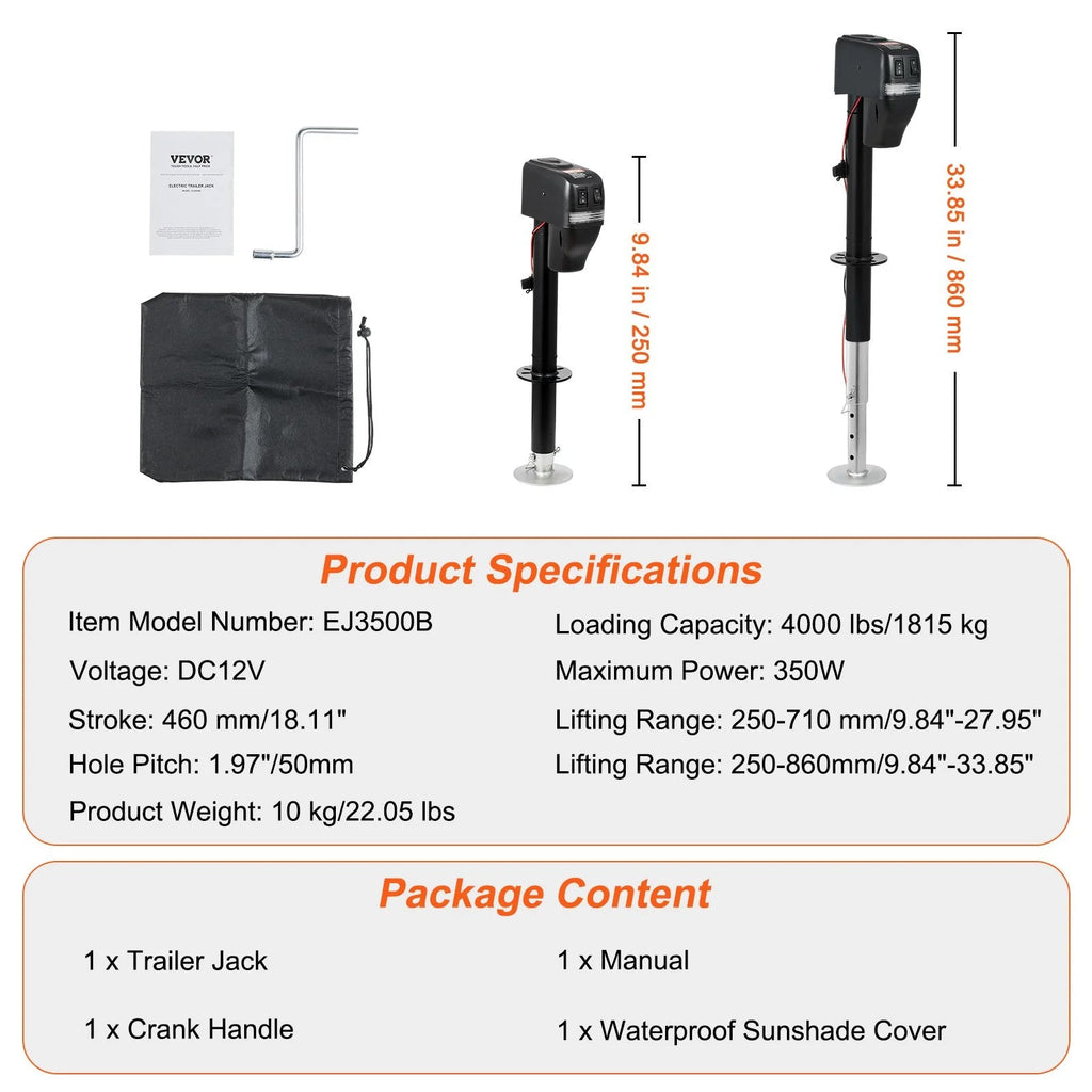 VEVOR Electric Trailer Jack, Power Tongue Jack Weight Capacity 4000 Lbs, 9.84 - 33.85 Electric Tongue Jack with Waterproof Cover for Lifting RV Trailer, Horse Trailer, Utility Trailer, Yacht Trailer - Revved Up Auto