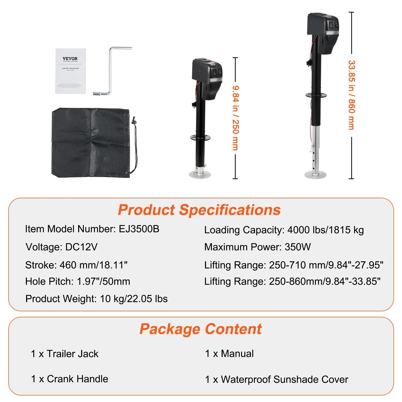 VEVOR Electric Trailer Jack, Power Tongue Jack Weight Capacity 4000 Lbs, 9.84 - 33.85 Electric Tongue Jack with Waterproof Cover for Lifting RV Trailer, Horse Trailer, Utility Trailer, Yacht Trailer - Revved Up Auto