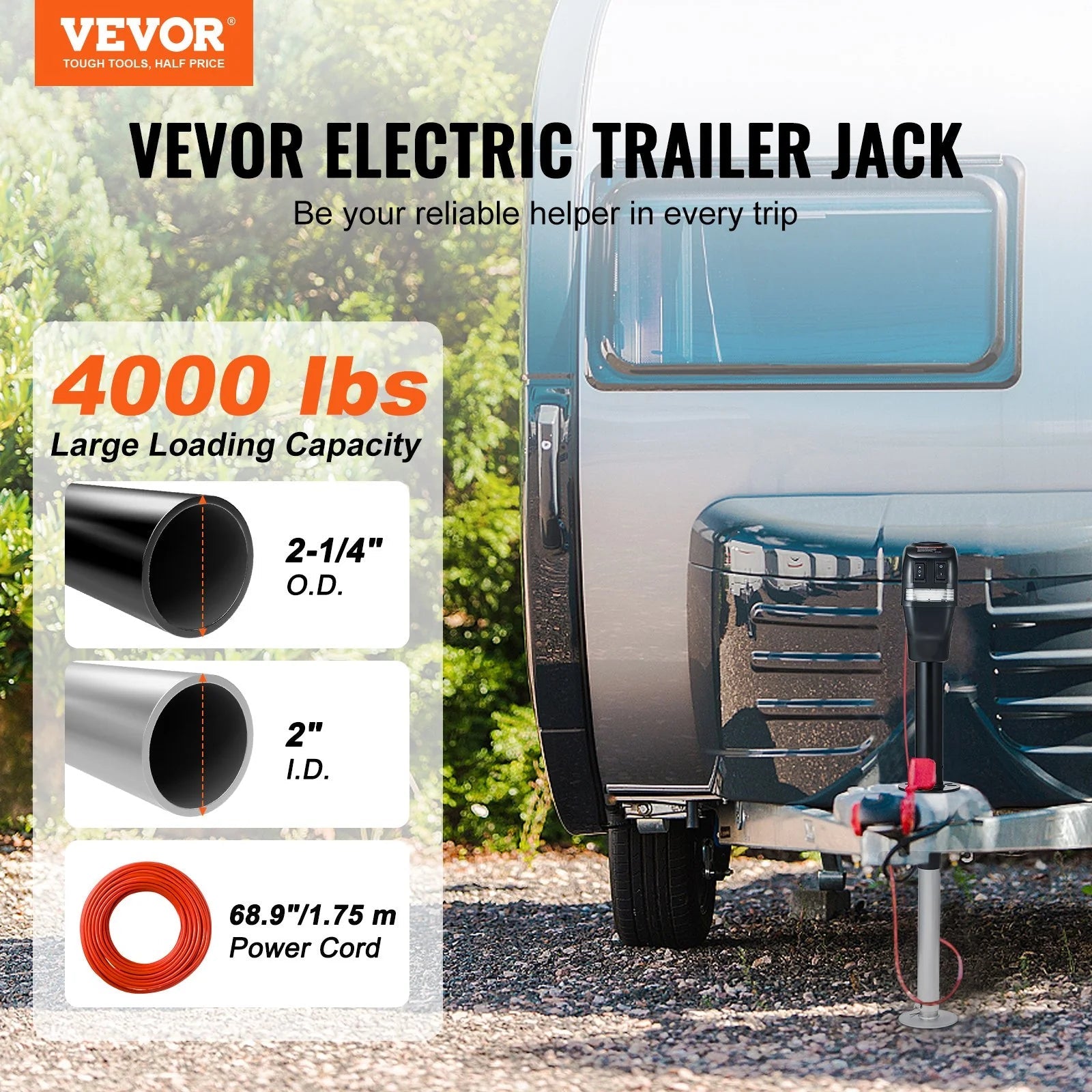 VEVOR Electric Trailer Jack, Power Tongue Jack Weight Capacity 4000 Lbs, 9.84 - 33.85 Electric Tongue Jack with Waterproof Cover for Lifting RV Trailer, Horse Trailer, Utility Trailer, Yacht Trailer - Revved Up Auto