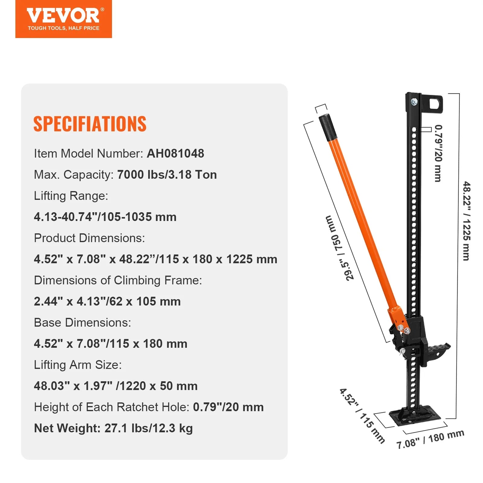 VEVOR High Lift Farm Jack, 48 Utility Farm Jack, 7000 Lbs Capacity Ratcheting off Road Utility Jack, Heavy-Duty Farm Jack for Tractor, Truck, SUV, Bumper Lift, Orange - Revved Up Tools