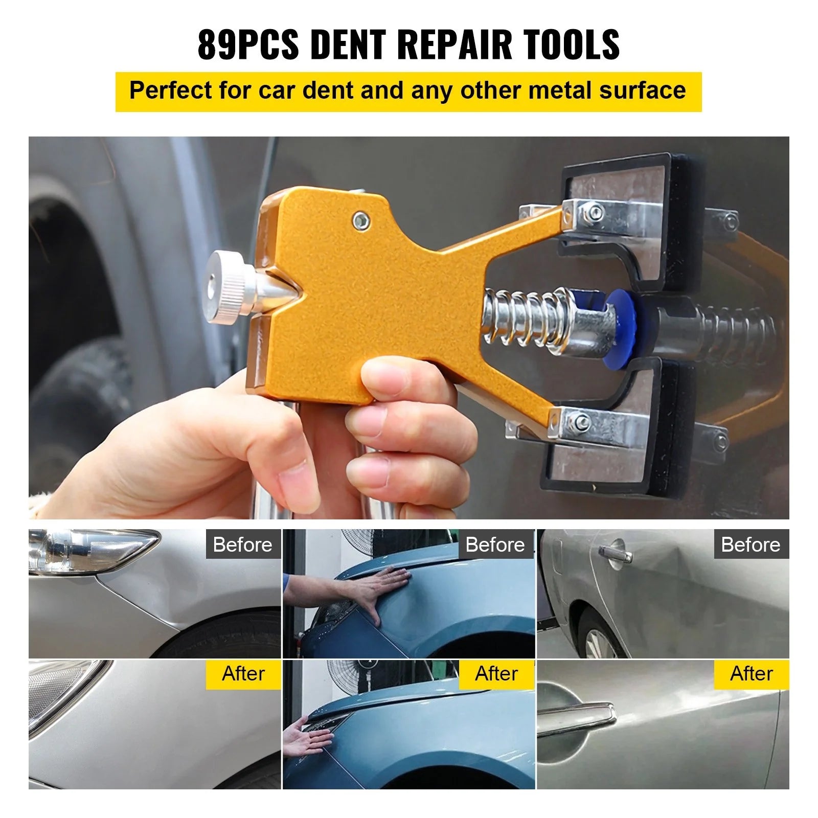 VEVOR Paintless Dent Removal Rods, 89 PCS Paintless Dent Repair Tools, Golden Lifter Puller Car Dent Repair Kit, Glue Puller Tabs Dent Puller Kit for Auto Dent Removal, Minor Dents, Door Dings - Revved Up Tools