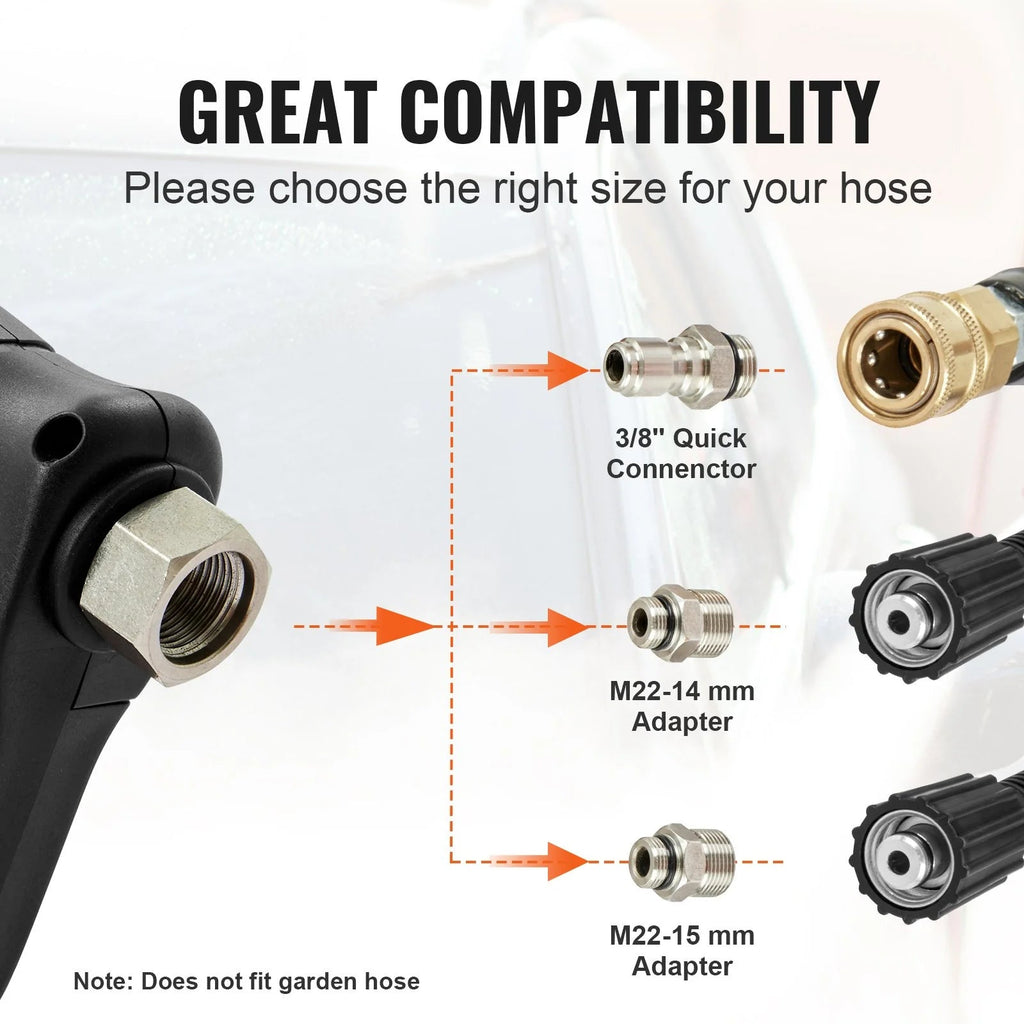 VEVOR Pressure Washer Gun Set, 0.22 Gal Foam Cannon, 4000 PSI Washer Spay Gun with 1/4 Inch Quick Connector & 5 Nozzle Tips, Pressure Washer Handle with M22-14 Mm & M22-15Mm & 3/8'' Inlet Connector - Revved Up Tools