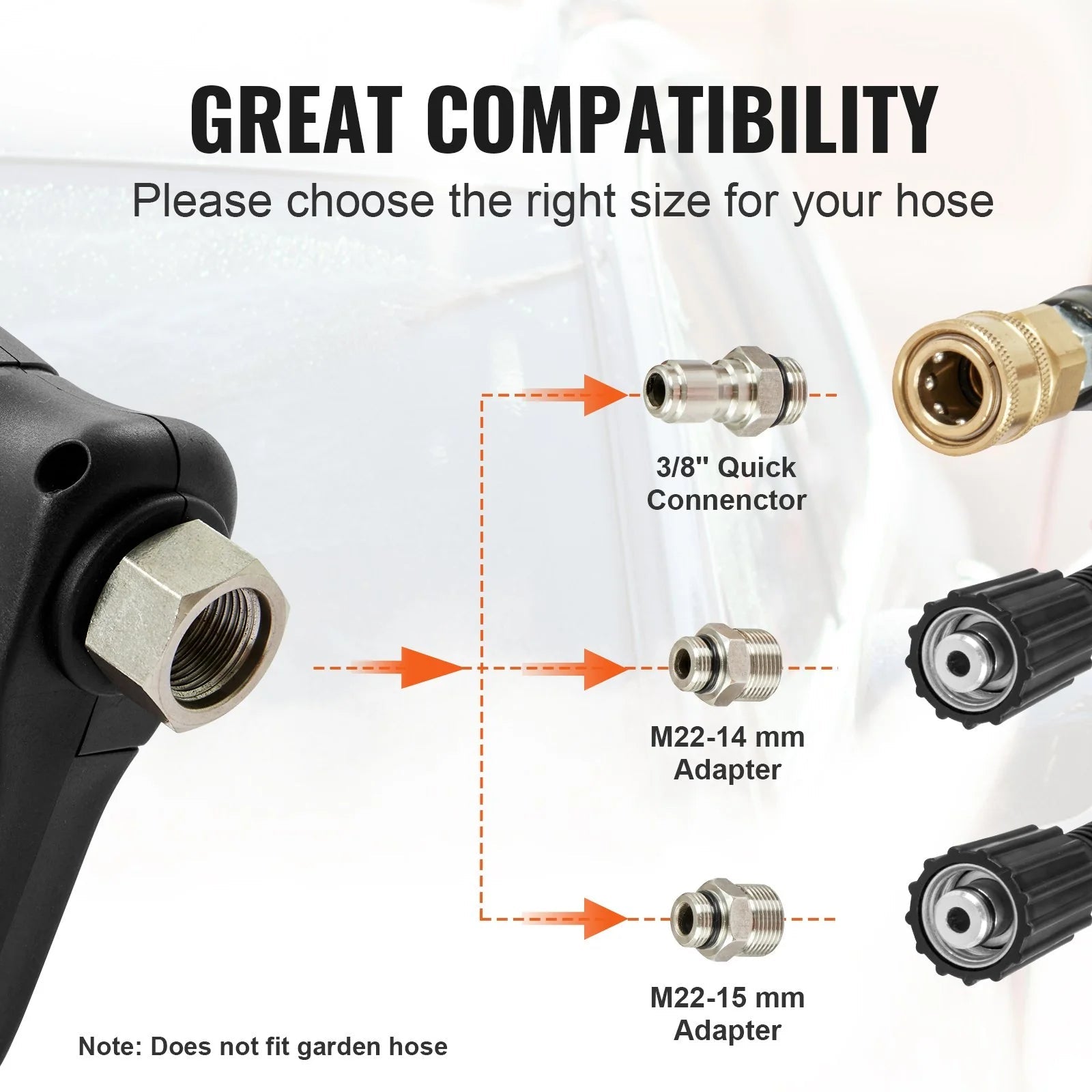 VEVOR Pressure Washer Gun Set, 0.22 Gal Foam Cannon, 4000 PSI Washer Spay Gun with 1/4 Inch Quick Connector & 5 Nozzle Tips, Pressure Washer Handle with M22-14 Mm & M22-15Mm & 3/8'' Inlet Connector - Revved Up Tools