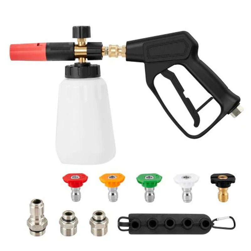 VEVOR Pressure Washer Gun Set, 0.22 Gal Foam Cannon, 4000 PSI Washer Spay Gun with 1/4 Inch Quick Connector & 5 Nozzle Tips, Pressure Washer Handle with M22-14 Mm & M22-15Mm & 3/8'' Inlet Connector - Revved Up Tools