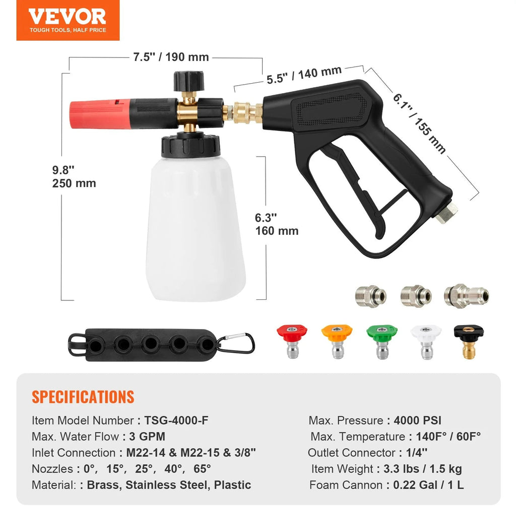 VEVOR Pressure Washer Gun Set, 0.22 Gal Foam Cannon, 4000 PSI Washer Spay Gun with 1/4 Inch Quick Connector & 5 Nozzle Tips, Pressure Washer Handle with M22-14 Mm & M22-15Mm & 3/8'' Inlet Connector - Revved Up Tools