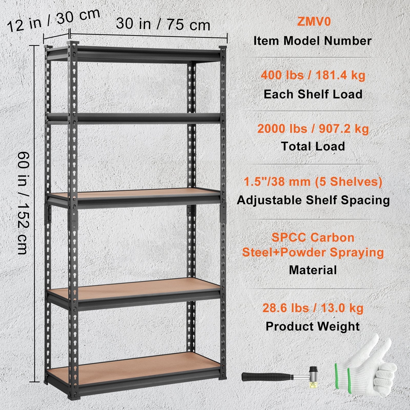 VEVOR Storage Shelving Unit, 5 - Tier Adjustable, 2000 Lbs Capacity, Heavy Duty Garage Shelves Metal Organizer Utility Rack, Black, 30 L X 12 W X 60 H for Kitchen Pantry Basement Bathroom Laundry - Revved Up Auto