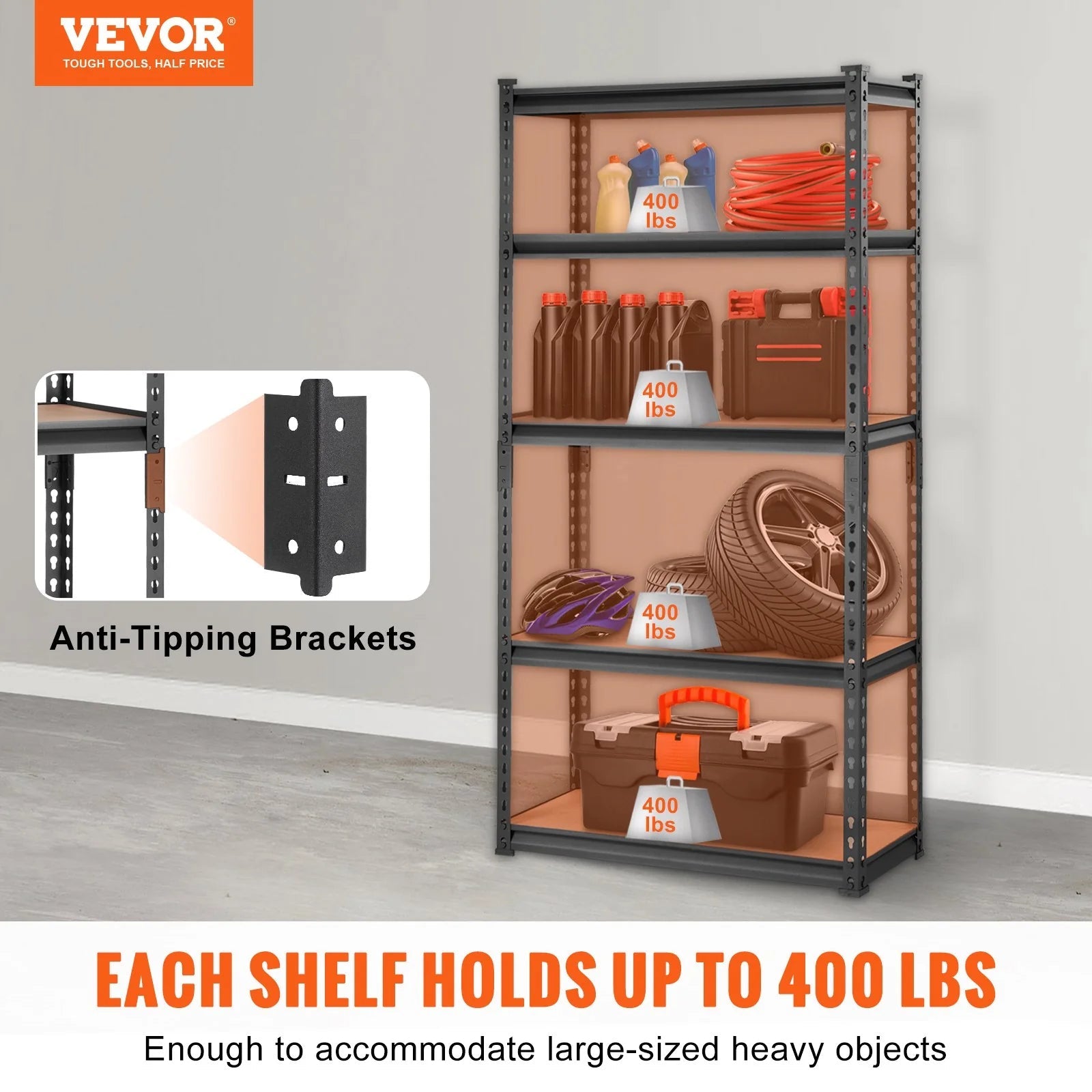 VEVOR Storage Shelving Unit, 5 - Tier Adjustable, 2000 Lbs Capacity, Heavy Duty Garage Shelves Metal Organizer Utility Rack, Black, 30 L X 12 W X 60 H for Kitchen Pantry Basement Bathroom Laundry - Revved Up Auto