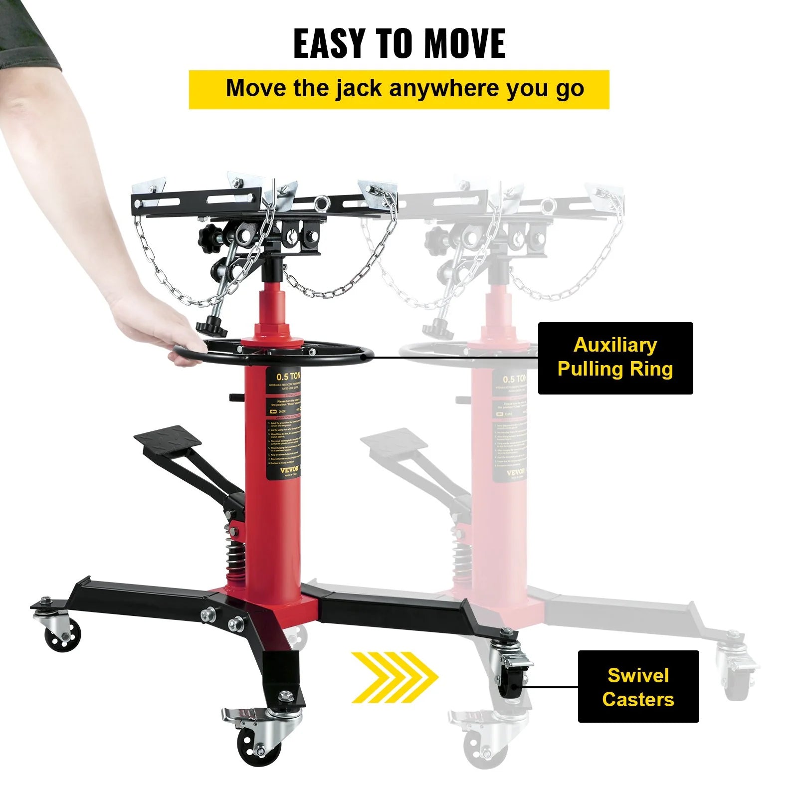 VEVOR Transmission Jack,1/2Ton/1100Lbs Capacity Hydraulic Telescopic Transmission Jack, 2-Stage Floor Jack Stand with Foot Pedal, 360¡Ã Swivel Wheel, Garage/Shop Lift Hoist, Red - Revved Up Tools