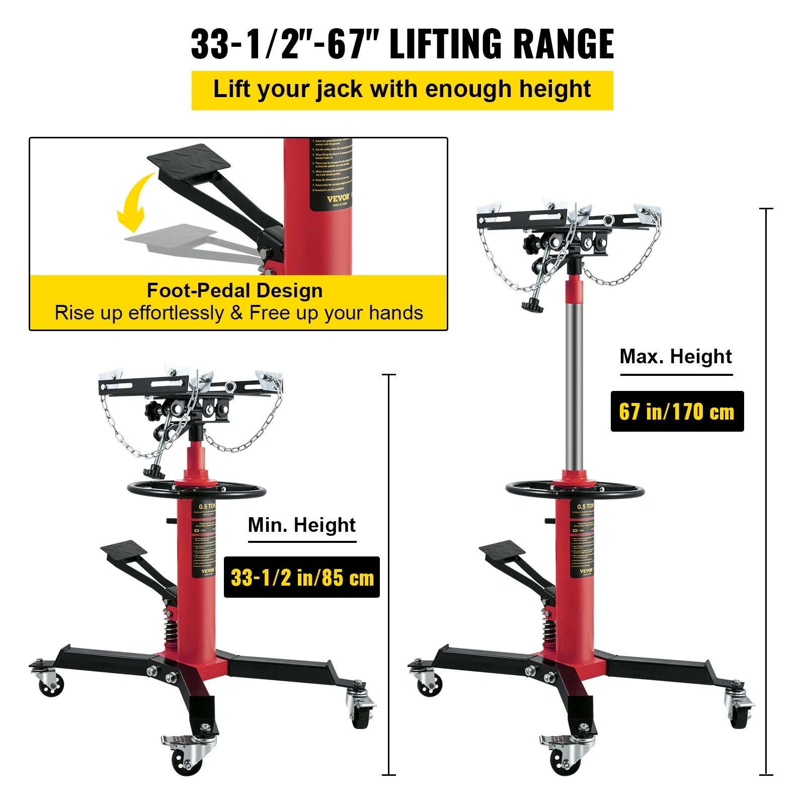 VEVOR Transmission Jack,1/2Ton/1100Lbs Capacity Hydraulic Telescopic Transmission Jack, 2-Stage Floor Jack Stand with Foot Pedal, 360¡Ã Swivel Wheel, Garage/Shop Lift Hoist, Red - Revved Up Tools