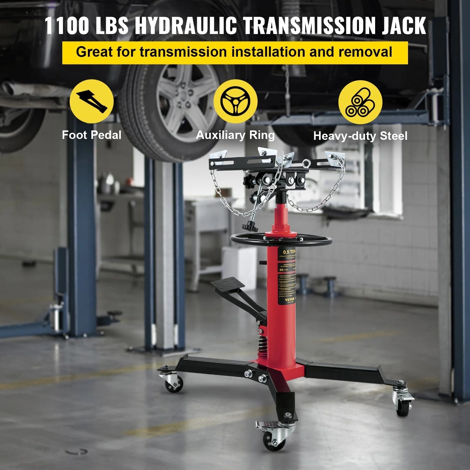VEVOR Transmission Jack,1/2Ton/1100Lbs Capacity Hydraulic Telescopic Transmission Jack, 2-Stage Floor Jack Stand with Foot Pedal, 360¡Ã Swivel Wheel, Garage/Shop Lift Hoist, Red - Revved Up Tools