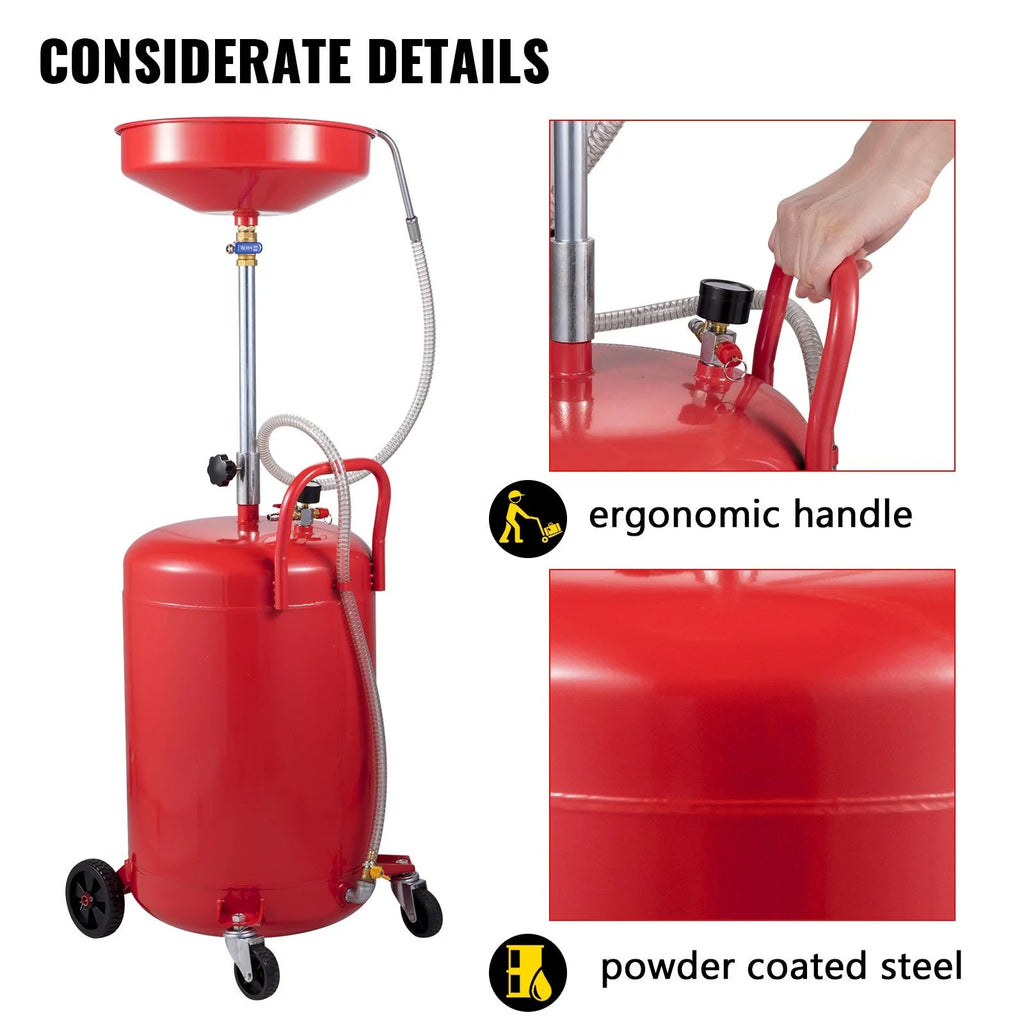VEVOR Waste Oil Drain Tank 20 Gallon Portable Oil Drain Air Operated Drainer Oil Change, Oil Drain Container, Fluid Fuel Transfer Drainage Adjustable Funnel Height, with Wheel for Easy Oil Removal - Revved Up Tools