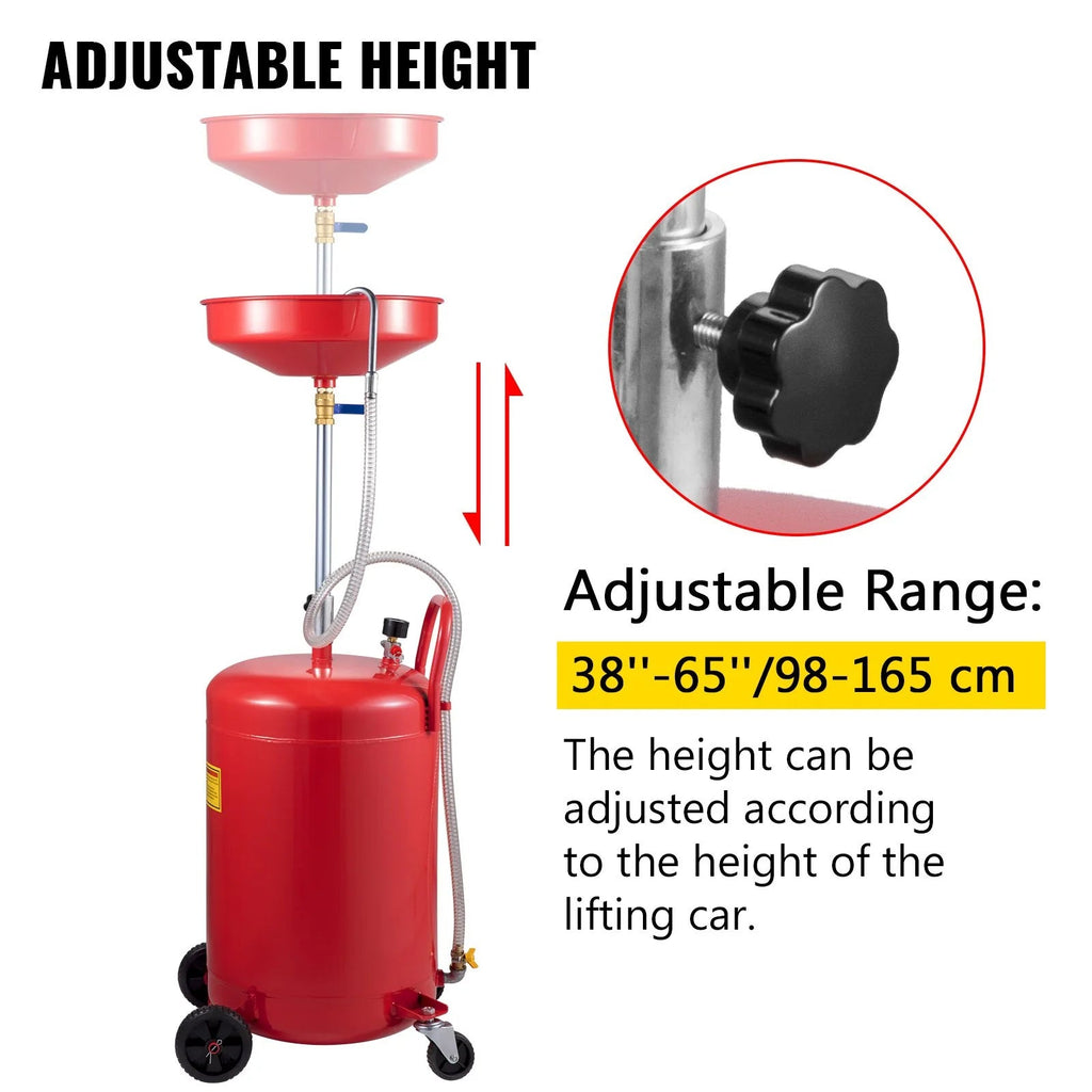 VEVOR Waste Oil Drain Tank 20 Gallon Portable Oil Drain Air Operated Drainer Oil Change, Oil Drain Container, Fluid Fuel Transfer Drainage Adjustable Funnel Height, with Wheel for Easy Oil Removal - Revved Up Tools