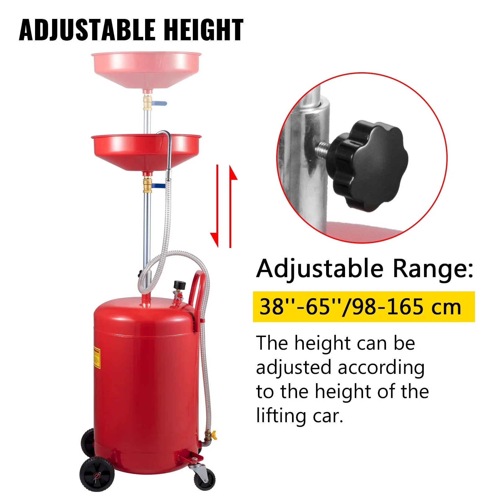 VEVOR Waste Oil Drain Tank 20 Gallon Portable Oil Drain Air Operated Drainer Oil Change, Oil Drain Container, Fluid Fuel Transfer Drainage Adjustable Funnel Height, with Wheel for Easy Oil Removal - Revved Up Tools