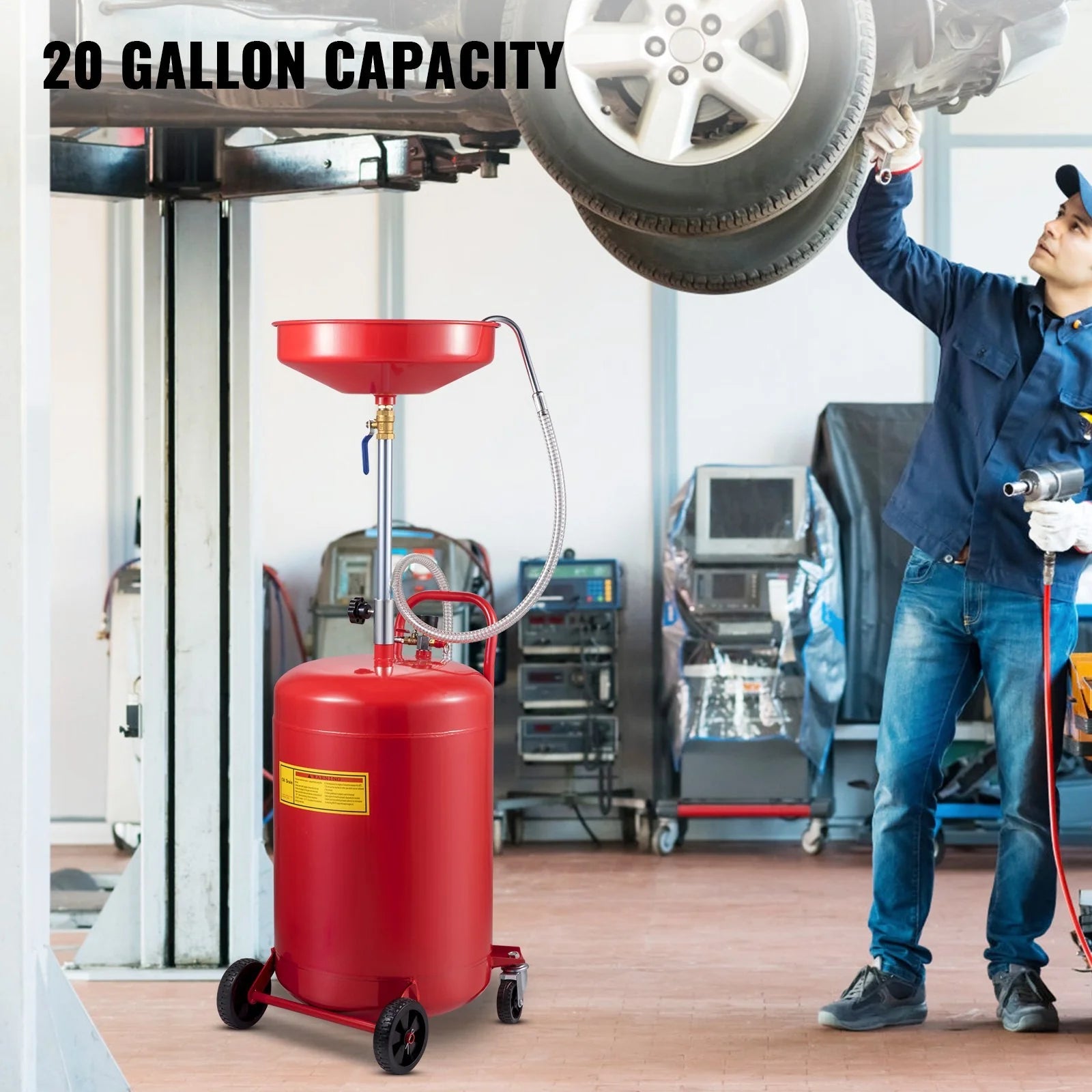 VEVOR Waste Oil Drain Tank 20 Gallon Portable Oil Drain Air Operated Drainer Oil Change, Oil Drain Container, Fluid Fuel Transfer Drainage Adjustable Funnel Height, with Wheel for Easy Oil Removal - Revved Up Tools
