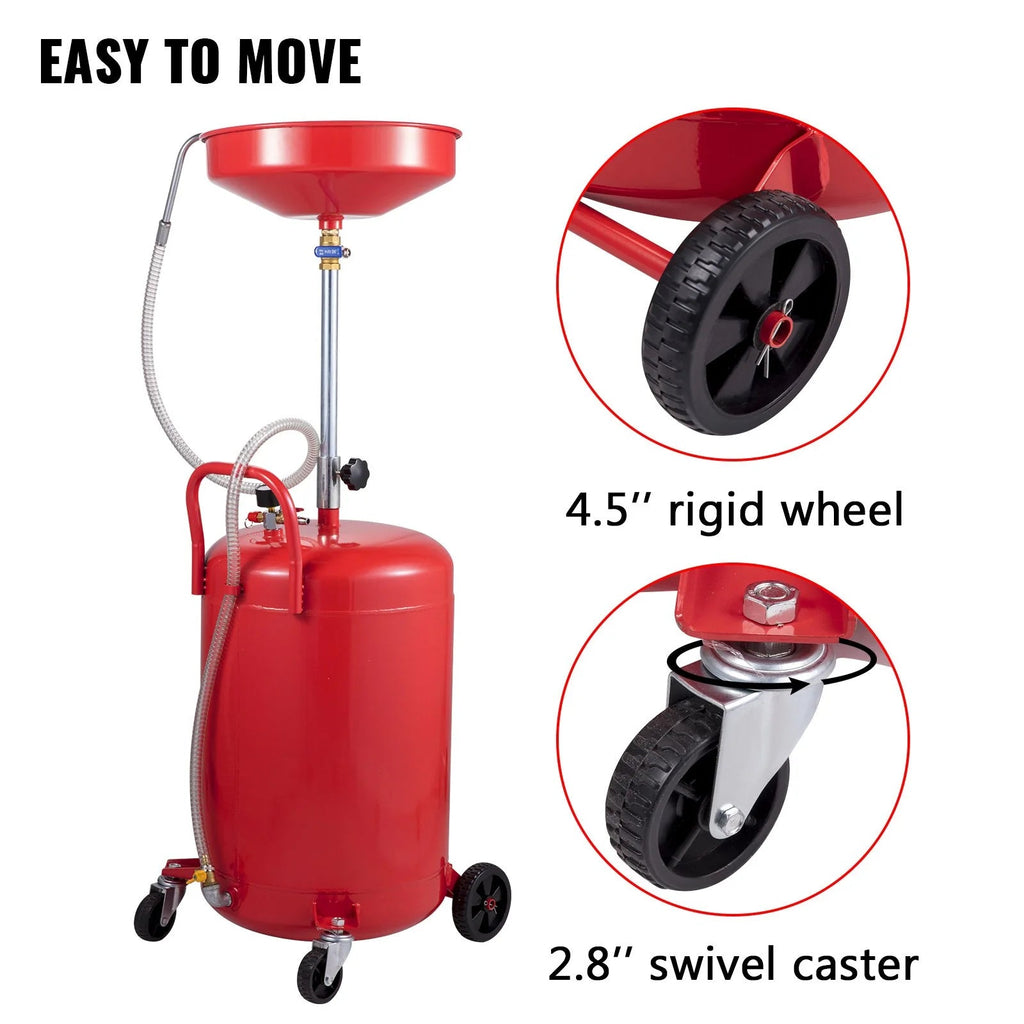 VEVOR Waste Oil Drain Tank 20 Gallon Portable Oil Drain Air Operated Drainer Oil Change, Oil Drain Container, Fluid Fuel Transfer Drainage Adjustable Funnel Height, with Wheel for Easy Oil Removal - Revved Up Tools