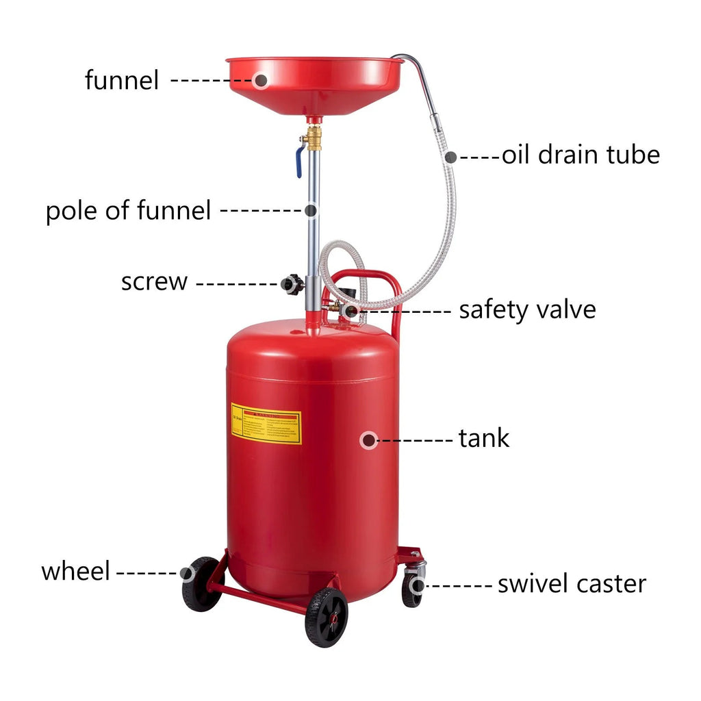 VEVOR Waste Oil Drain Tank 20 Gallon Portable Oil Drain Air Operated Drainer Oil Change, Oil Drain Container, Fluid Fuel Transfer Drainage Adjustable Funnel Height, with Wheel for Easy Oil Removal - Revved Up Tools